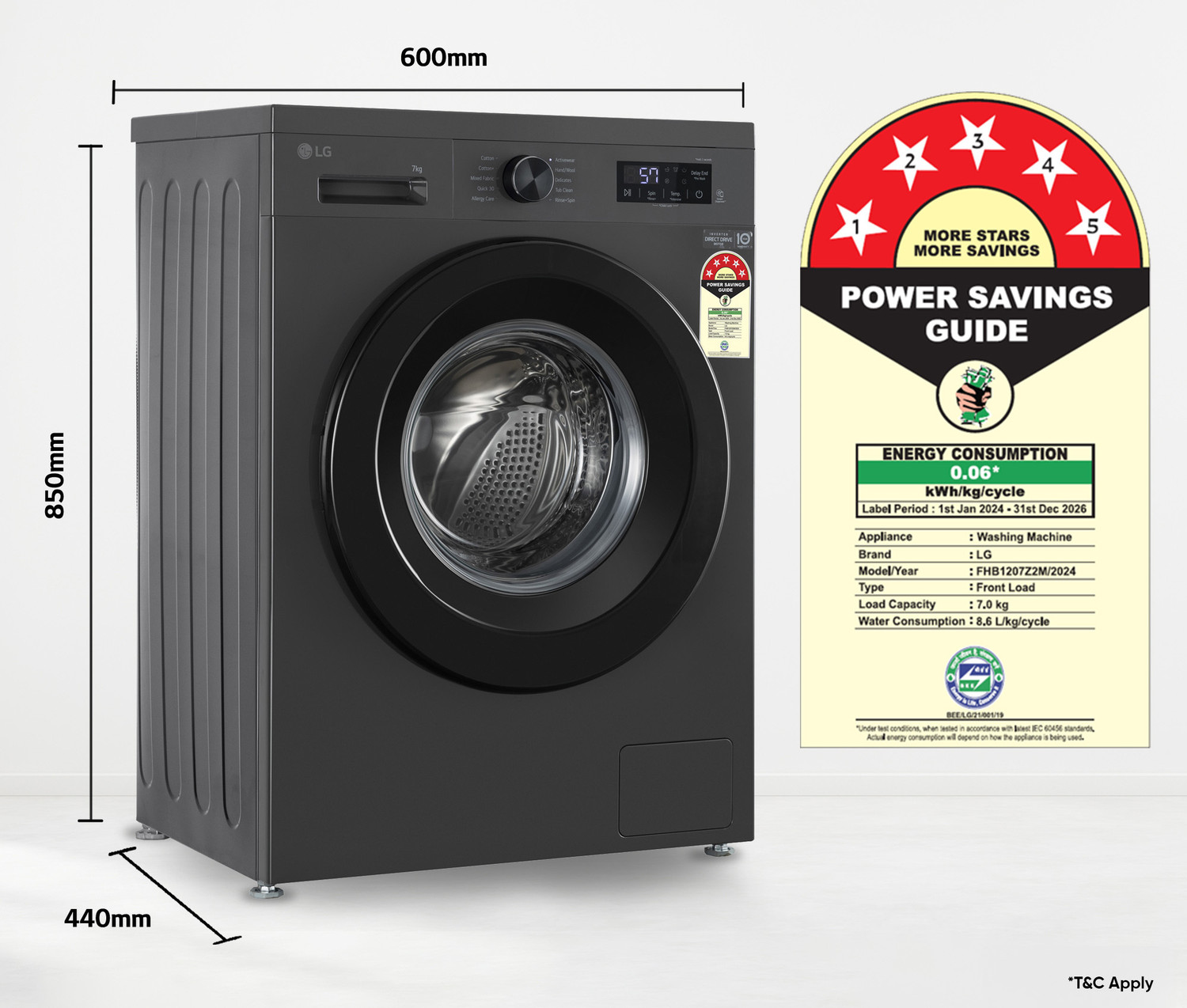 Image of LG 7 kg 5 Star, Inverter Direct Drive Technology, 6 Motion DD, Reduce germs & allergens with steam cycles, In-built Heater & Touch Panel Fully Automatic Front Load Washing Machine with In-built Heater Black, Grey