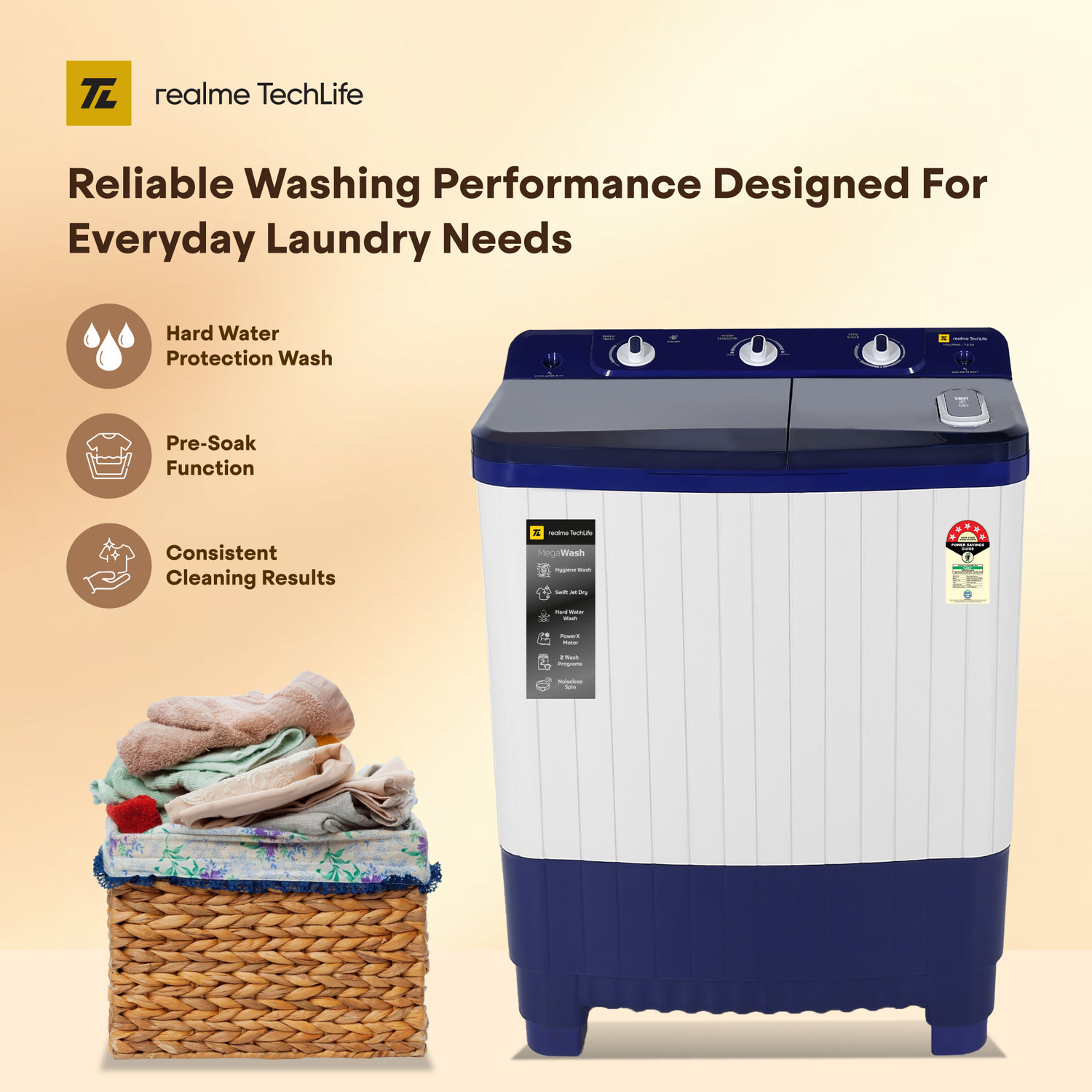 Image of realme TechLife 7.5 kg Semi Automatic Top Load Washing Machine Blue, White