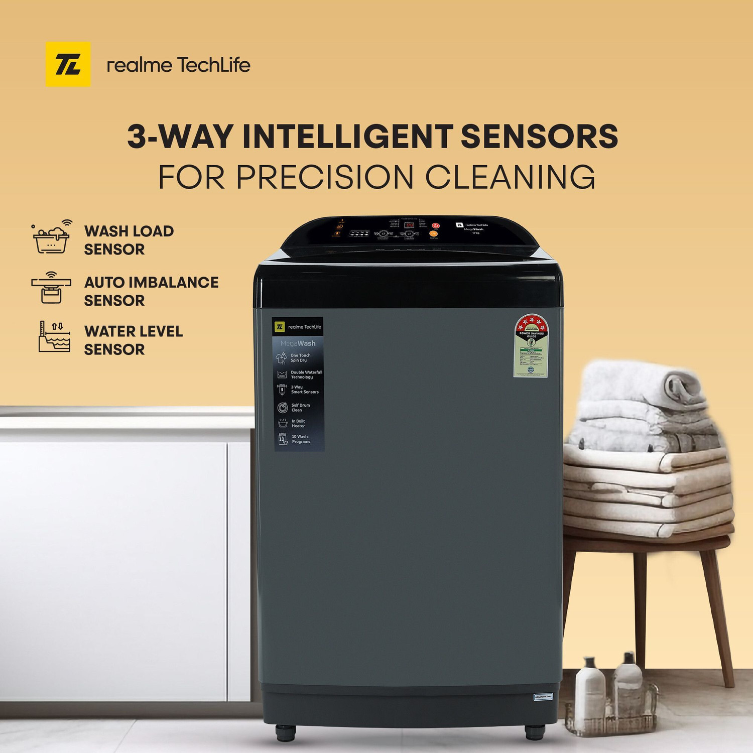 Image of realme TechLife 12 kg MegaWash Range Fully Automatic Top Load Washing Machine with In-built Heater Grey