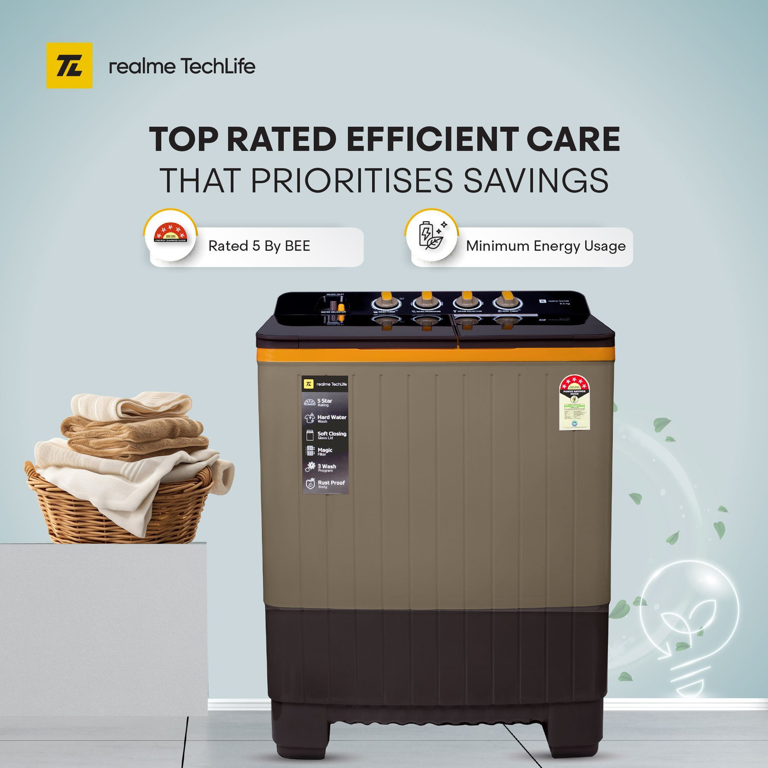 Image of realme TechLife 8.5 kg 5 Star Rating, Toughened Glass lid, and Heavy Duty Motor Semi Automatic Top Load Washing Machine Grey, Black