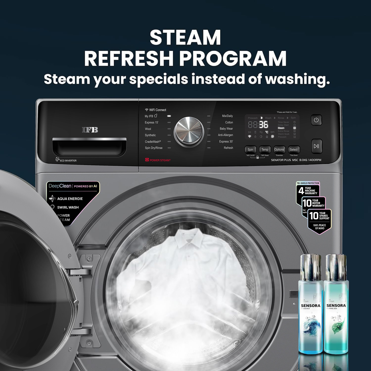 Image of IFB 8 kg 5 Star with Steam Refresh Program, 9 Swirl wash, Eco Inverter, Powered by AI with WiFi Fully Automatic Front Load Washing Machine with In-built Heater Silver, Black