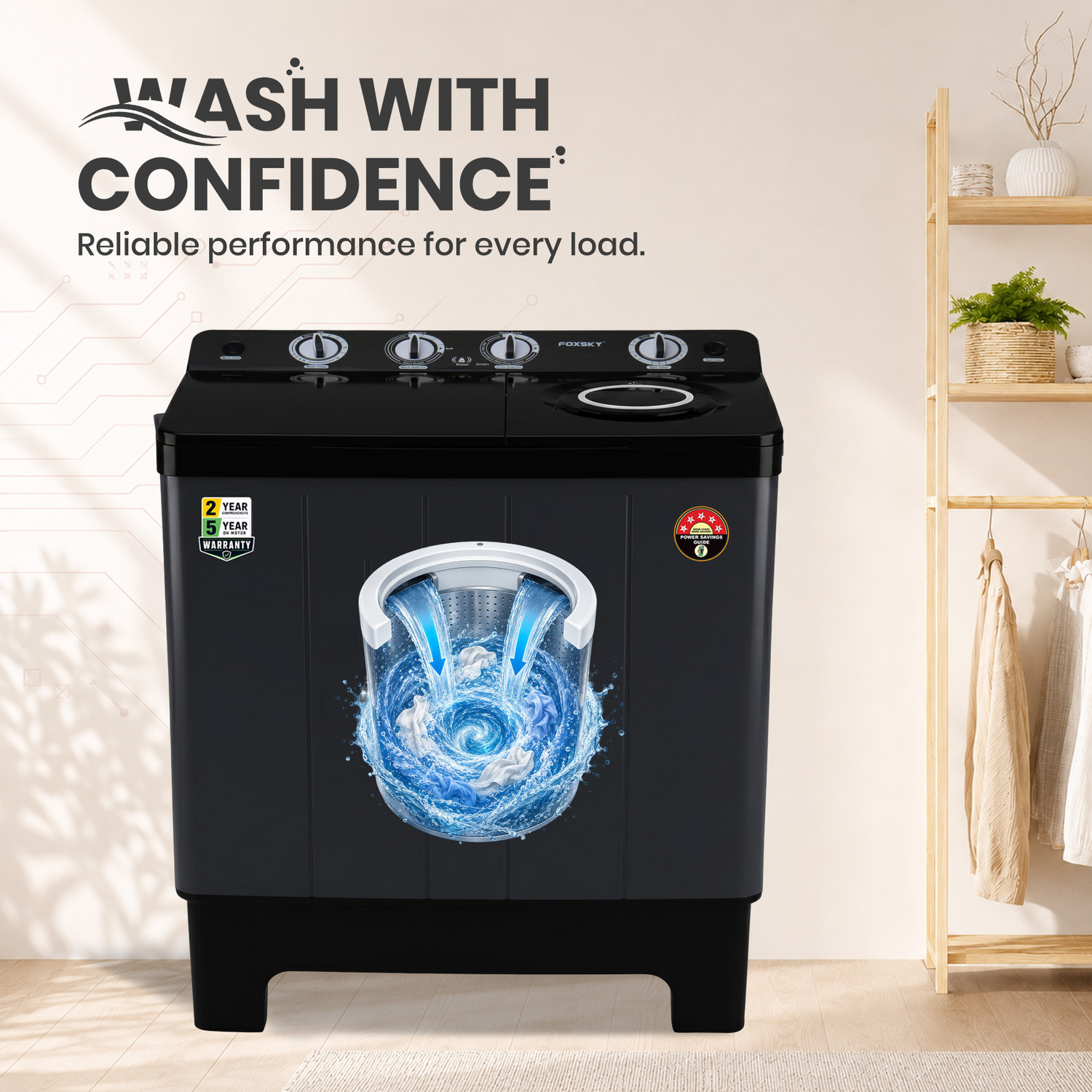 Image of FOXSKY 9.5 kg Semi Automatic Top Load Washing Machine Grey