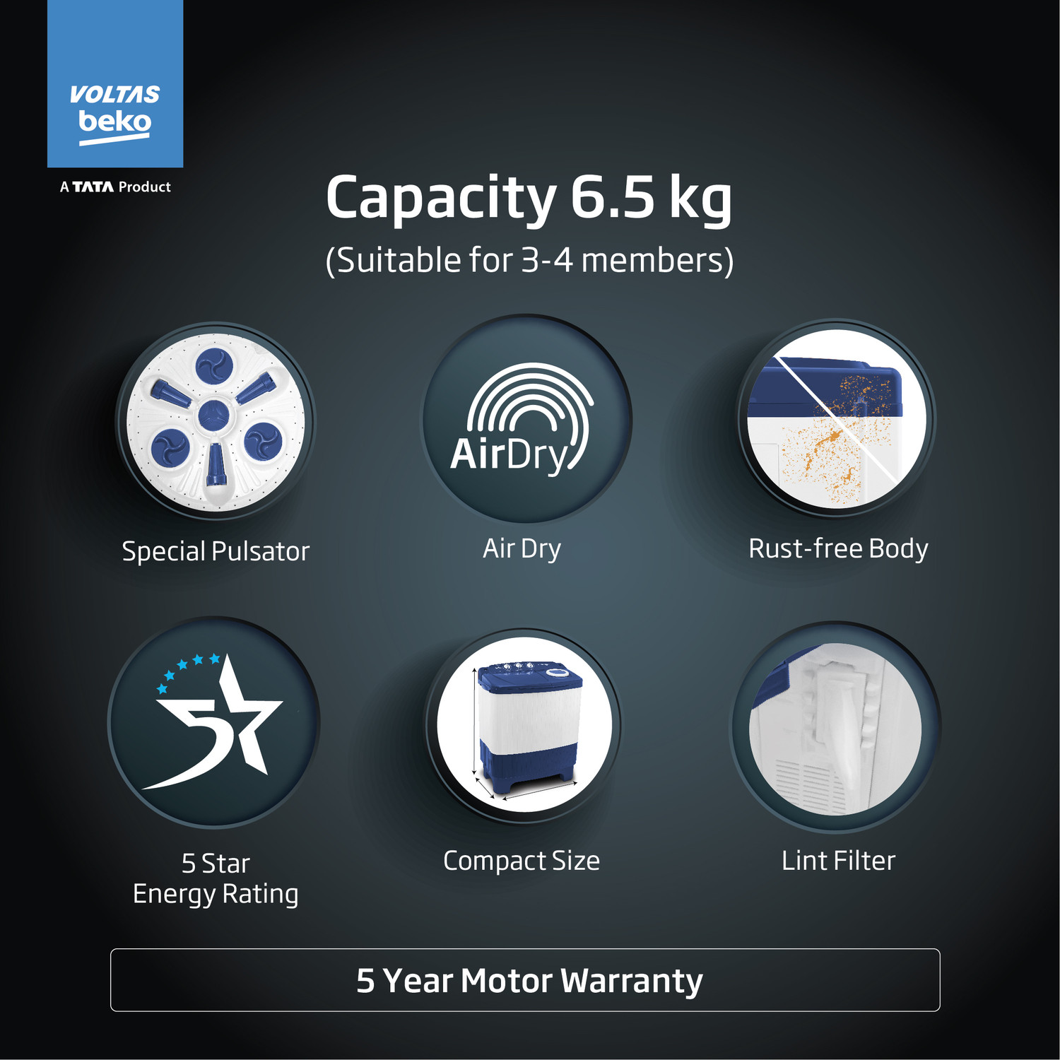 Image of Voltas Beko 6.5 kg Semi Automatic Top Load Washing Machine Blue
