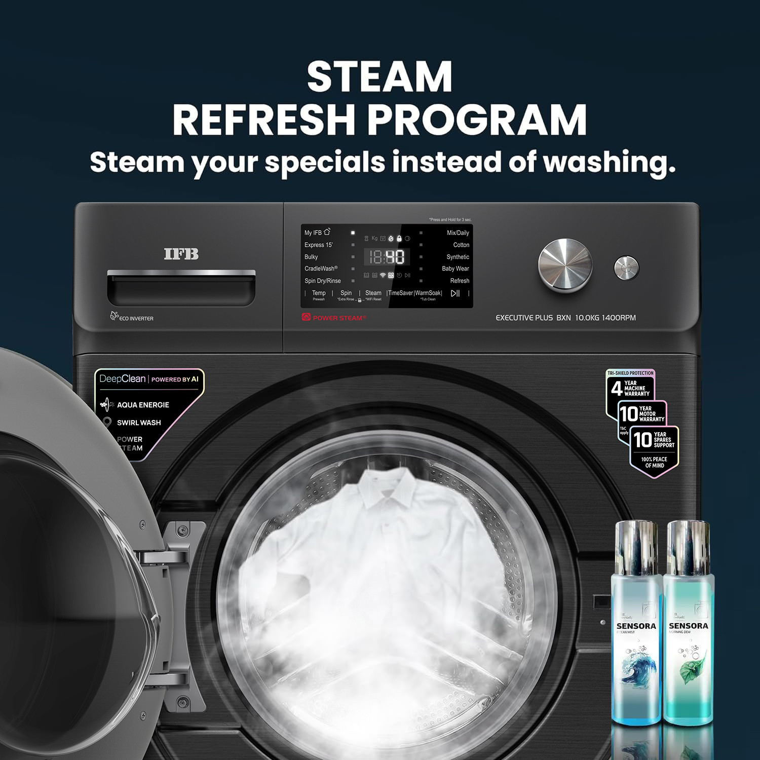 Image of IFB 10 kg 5 Star with Steam Refresh Program, 9 Swirl wash, Eco Inverter, Powered by AI with WiFi Fully Automatic Front Load Washing Machine with In-built Heater Black