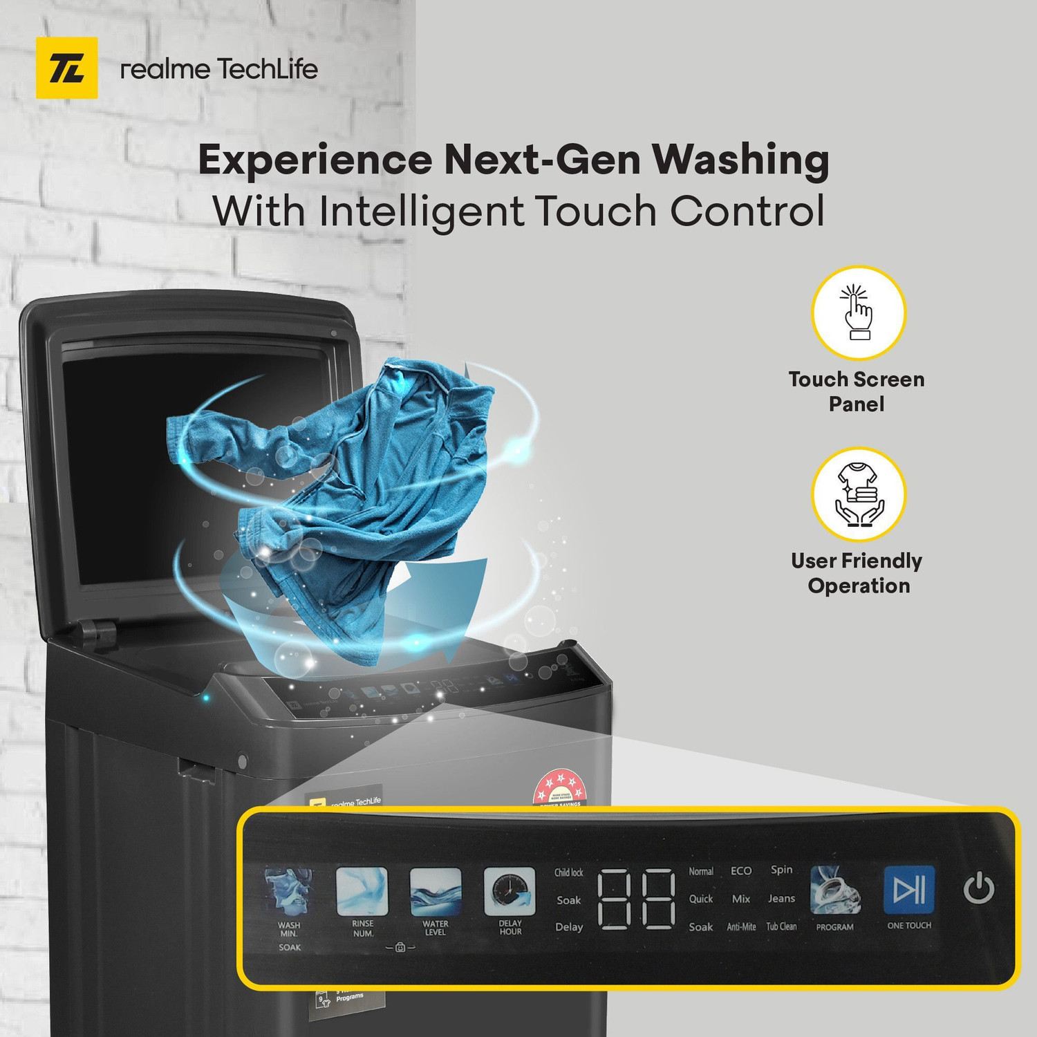 Image of realme TechLife 8.5 kg 5 Star, Touch Screen Panel with Anti-Bacterial (Silver+ Wash) Fully Automatic Top Load Washing Machine Grey