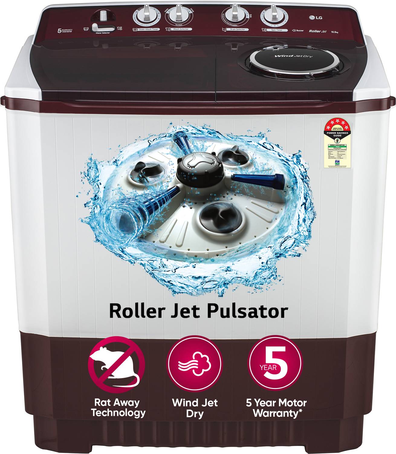LG Electronics 10.5 kg Semi Automatic Top Load Washing Machine Maroon, White