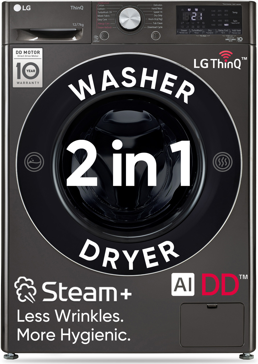 Image of LG 12 /7 kg Washer with Dryer AI Direct Drive Technology, Wi-Fi Enabled , Reduce allergens & wrinkles with Steam+ cycles, TurboWash Ready to Wear Clothes, Optimal wash for different fabrics & In-built Heater, Fully Automatic with In-built Heater Black