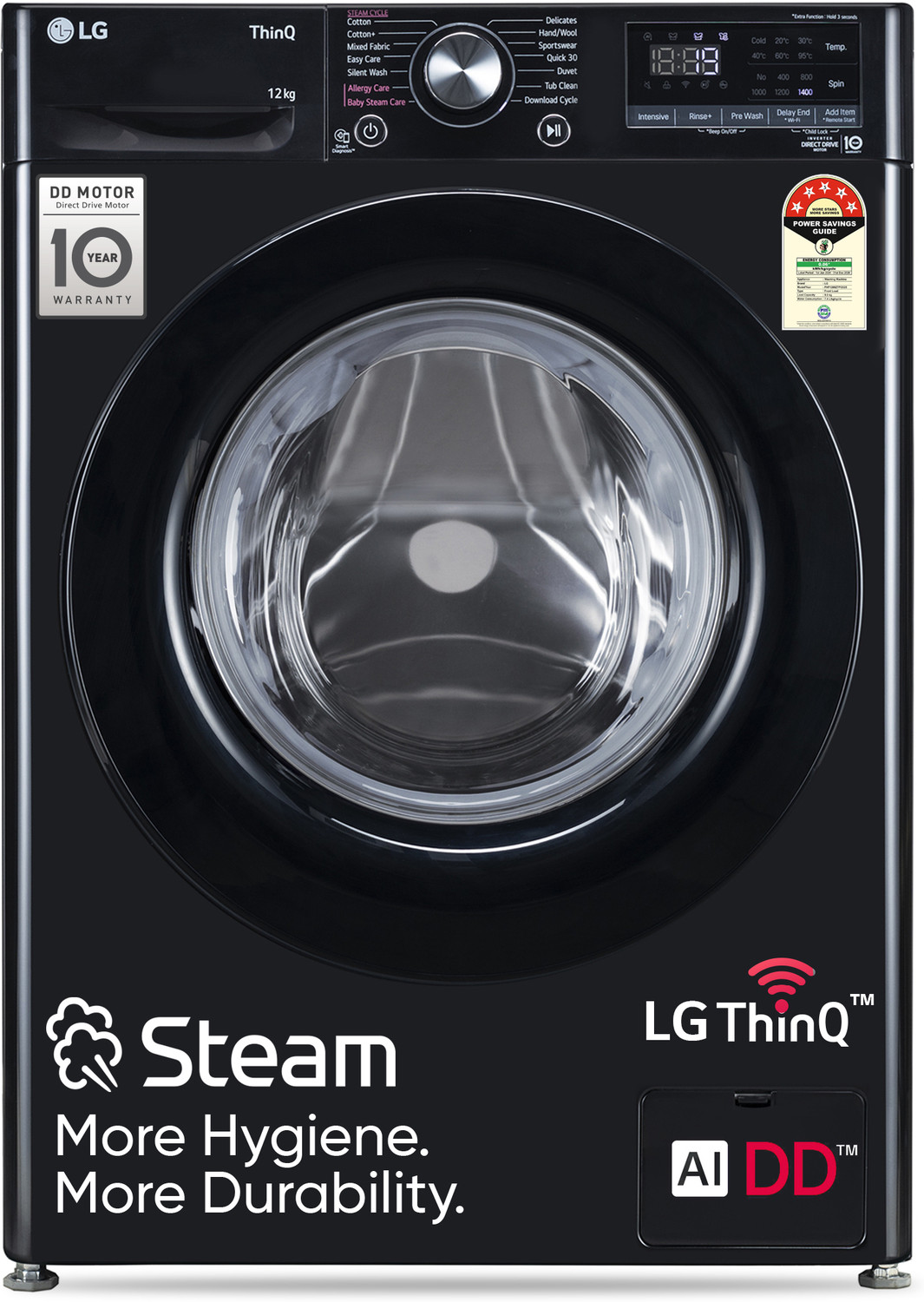 Image of LG 12 kg 5 Star, AI Direct Drive Technology, Wi-Fi Enabled, Steam Wash, Intelligent & Convenient Fabric Care, Allergy Care, Remote Control, In-Built Heater Fully Automatic Front Load Washing Machine with In-built Heater Black