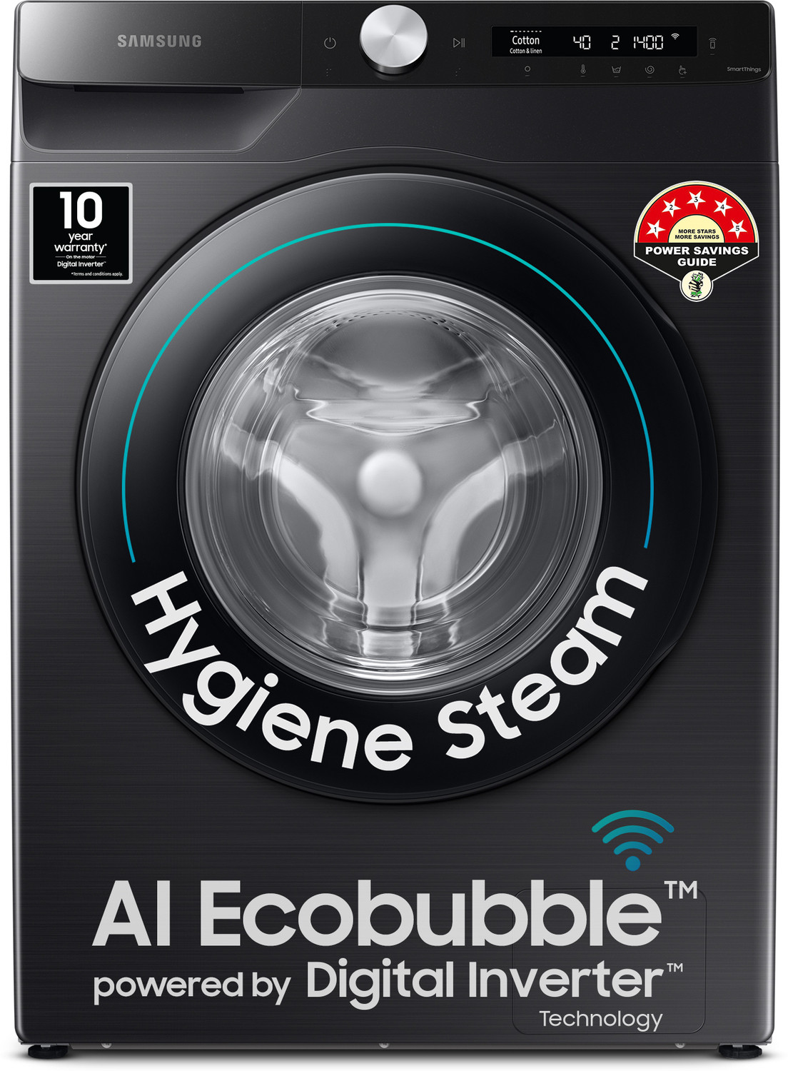 Image of Samsung 8 kg 5 Star, AI Ecobubble, Wi-Fi, Hygiene Steam,Digital Inverter Fully Automatic Front Load Washing Machine with In-built Heater Black