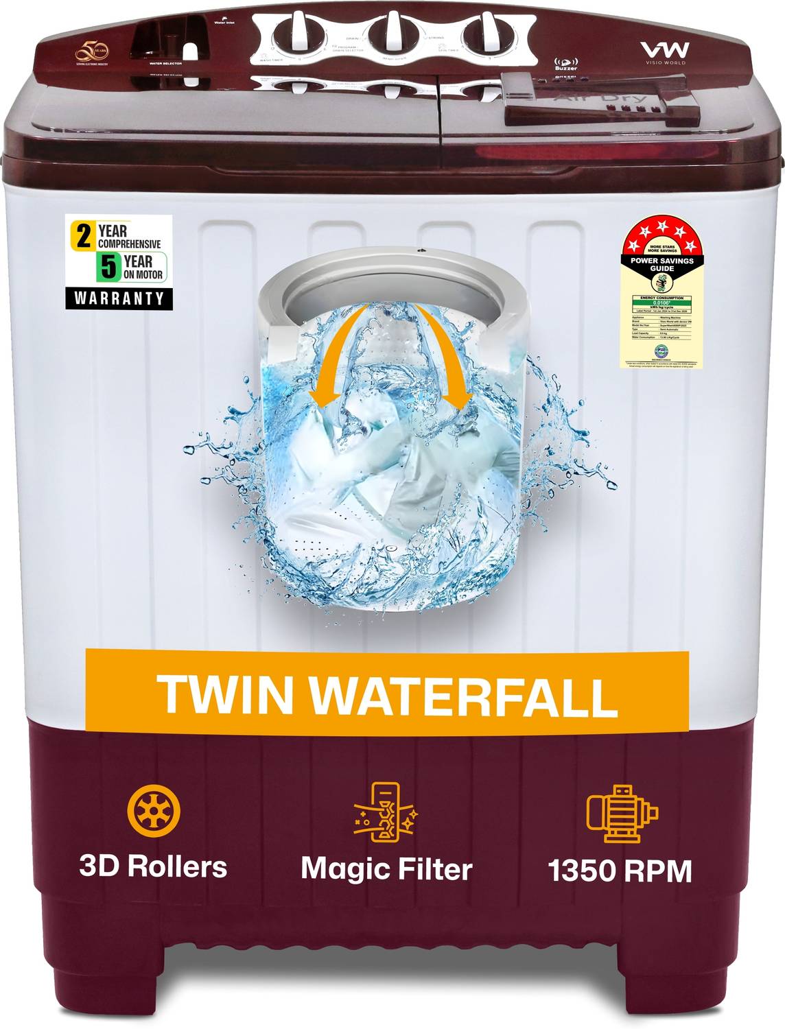 VW 8 kg Semi Automatic Top Load White, Maroon (SuperWash0080)