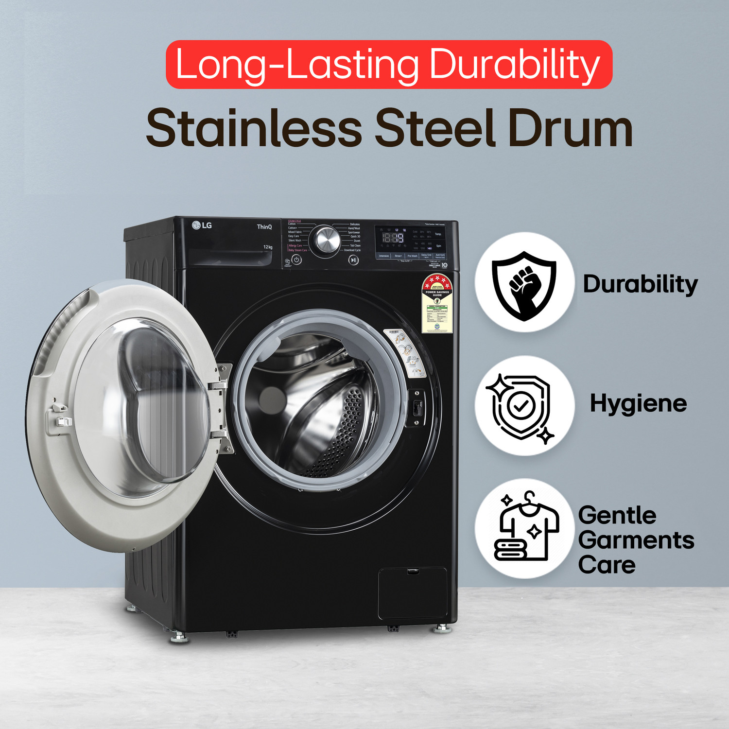 Image of LG 12 kg 5 Star, AI Direct Drive Technology, Wi-Fi Enabled, Steam Wash, Intelligent & Convenient Fabric Care, Allergy Care, Remote Control, In-Built Heater Fully Automatic Front Load Washing Machine with In-built Heater Black