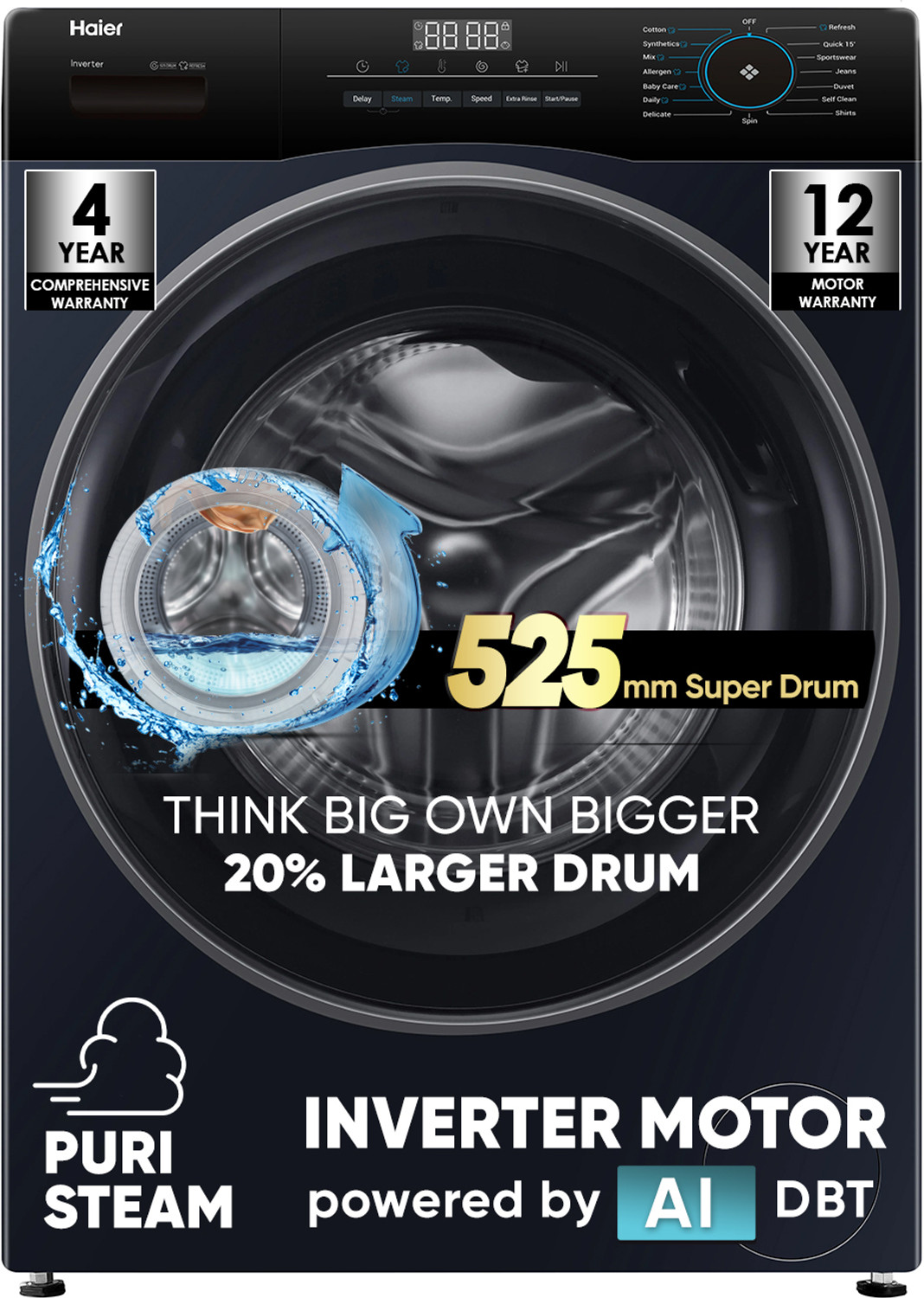Image of Haier 7 kg Fully Automatic Front Load Washing Machine with In-built Heater Black, Blue