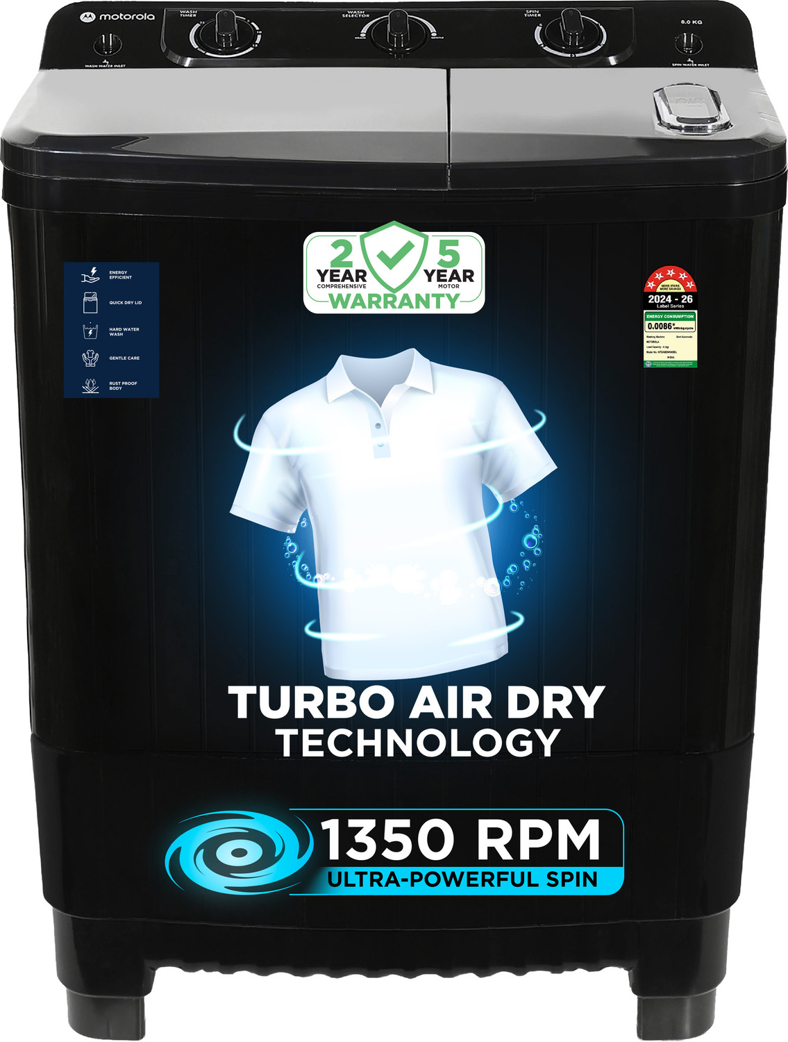 Image of MOTOROLA 8 kg Semi Automatic Top Load Washing Machine Black