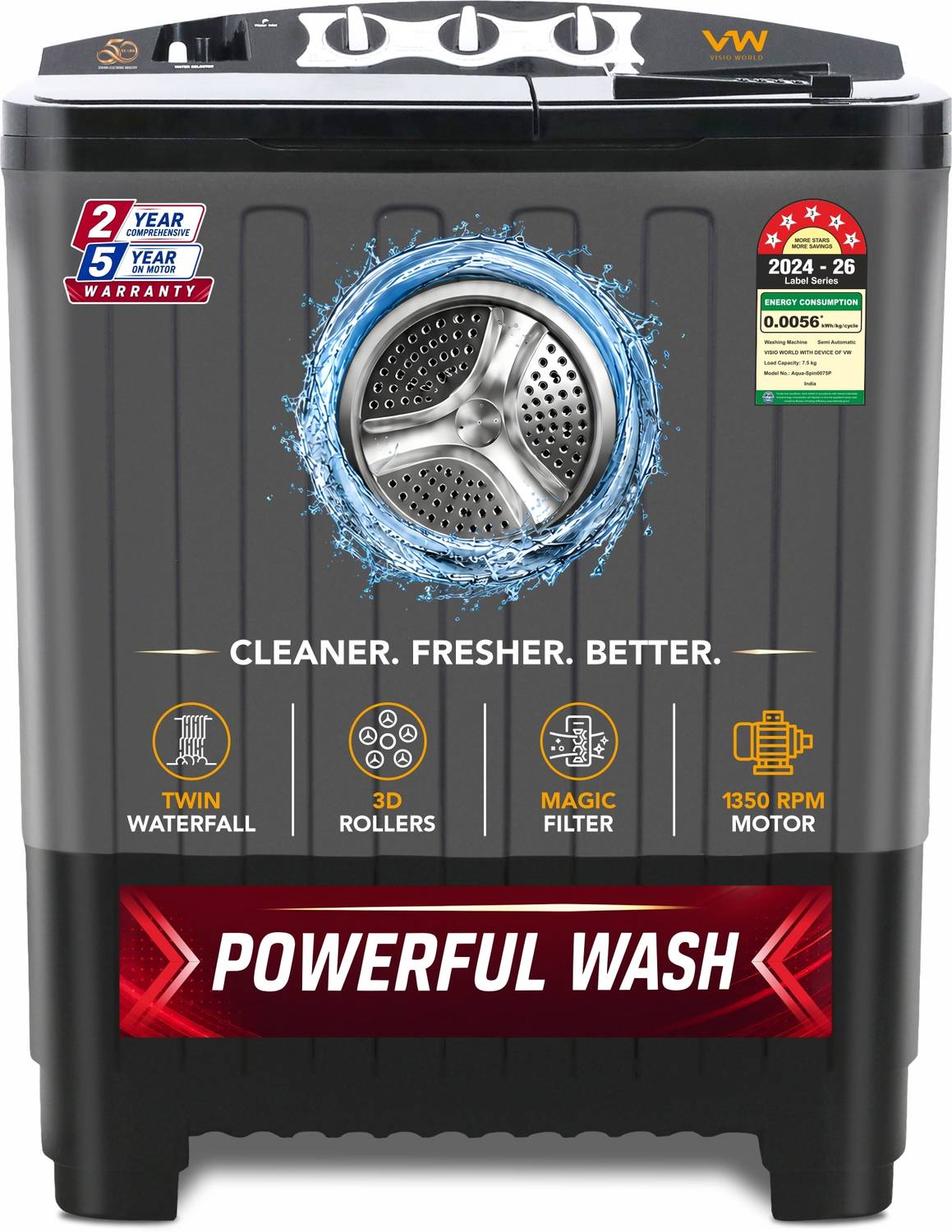 VW 7.5 kg Semi Automatic Top Load Washing Machine Black - Image 1