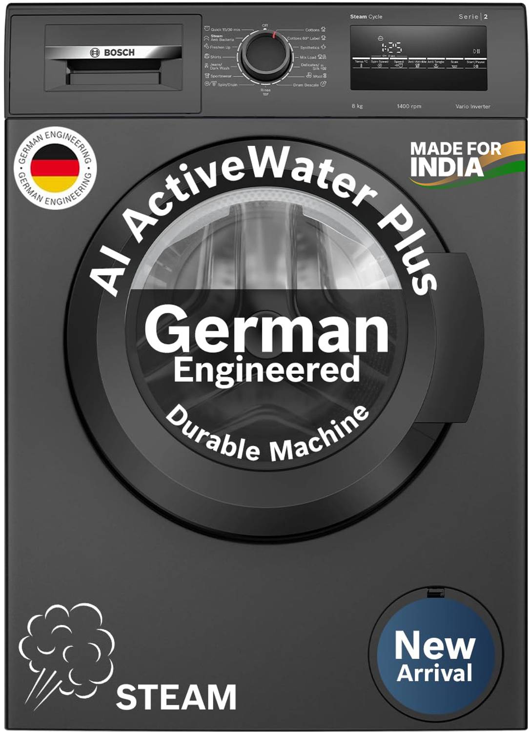 BOSCH 8 kg Fully Automatic Front Load Washing Machine with In-built Heater Black