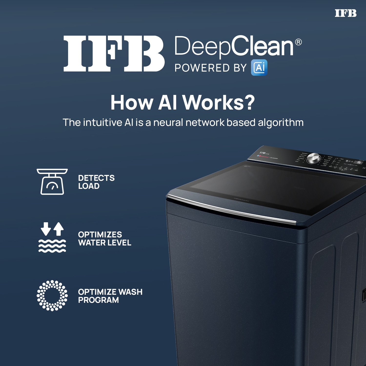 Image of IFB 12 kg 5 Star AI Powered Deepclean Technology with Eco Inverter, Power Steam, Inbuilt Heater, Activmix Fully Automatic Top Load Washing Machine with In-built Heater Blue