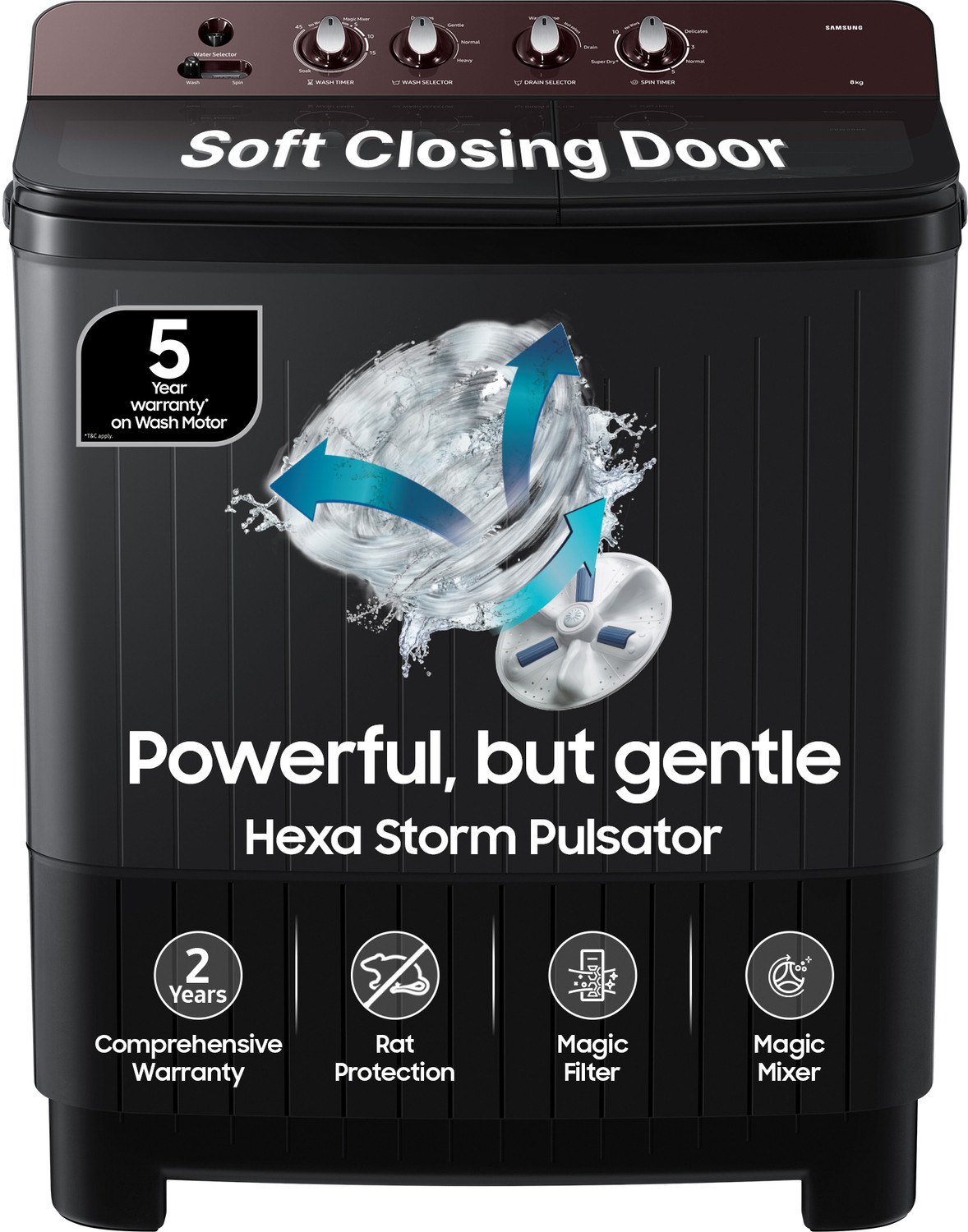 Image of Samsung 8 kg 5 Star, Soft Closing Door, Hexa Strom Pulsator Semi Automatic Top Load Washing Machine Grey