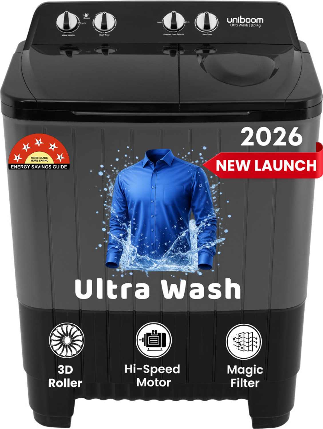 Image of Uniboom 8 kg Ultra Wash | Jet Dryer | Portable Wheels | Buzzer | Sleek Design | Magic Filter | Heavy Duty Motor Semi Automatic Top Load Washing Machine Grey, Black