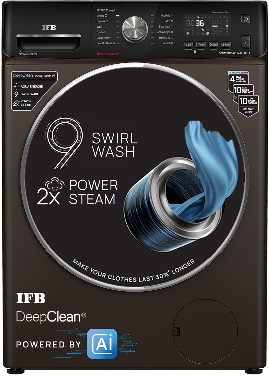 Image of IFB 8 kg 5 Star 9 Swirl AI Powered with Wi-Fi Enabled�� with 2x Power Steam Fully Automatic Front Load Washing Machine with In-built Heater Brown