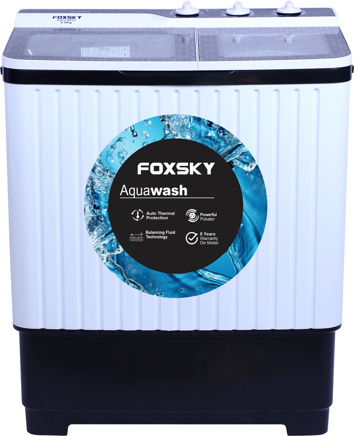 Image of FOXSKY 8 kg Semi Automatic Top Load Washing Machine White, Black