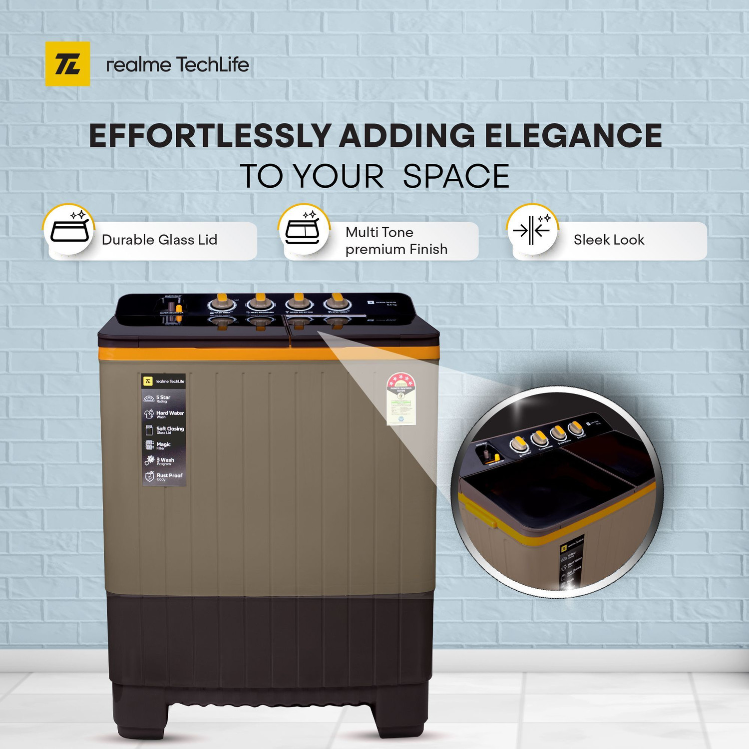 Image of realme TechLife 8.5 kg 5 Star Rating, Toughened Glass lid, and Heavy Duty Motor Semi Automatic Top Load Washing Machine Grey, Black