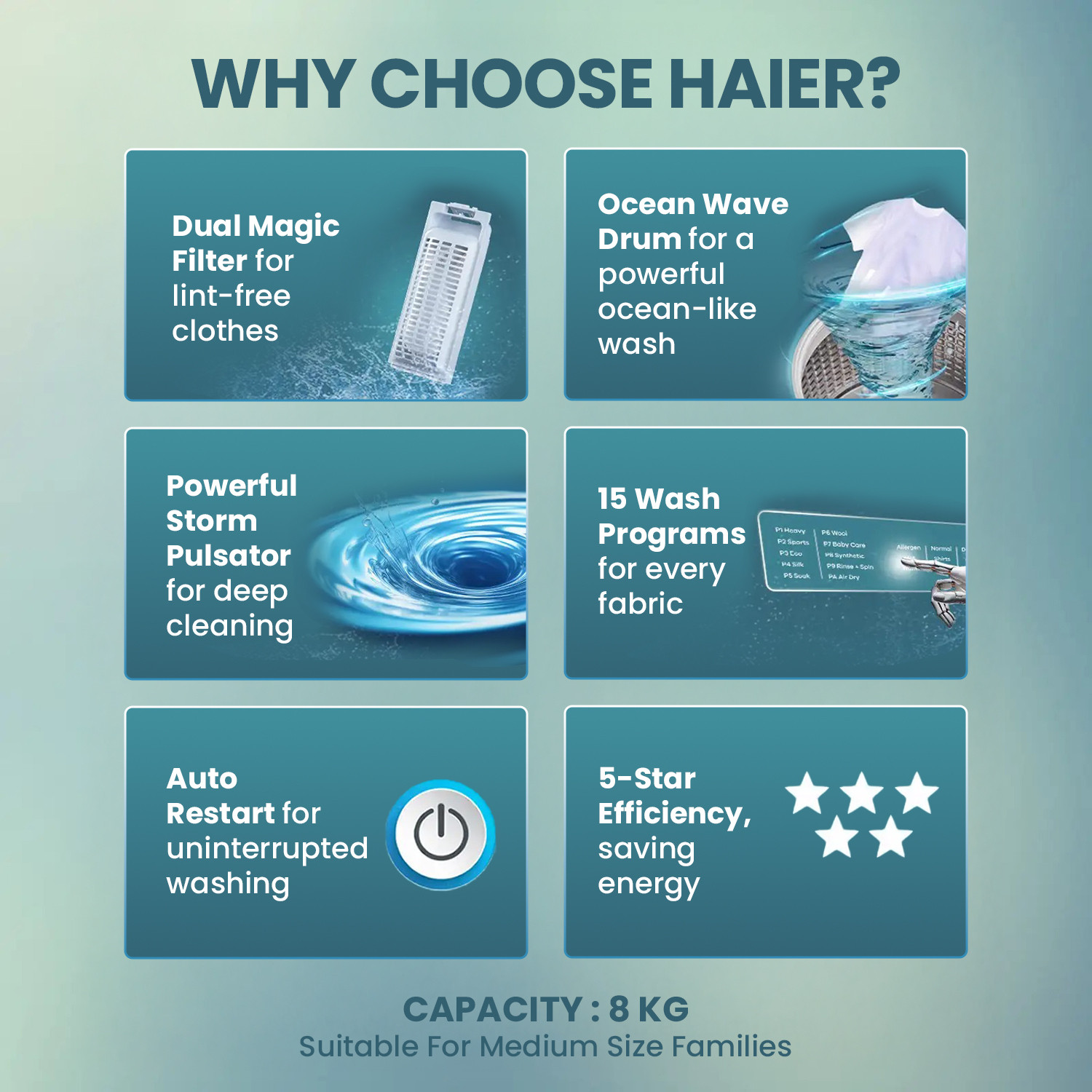 Image of Haier 8 kg Oceanus Wave Drum 15 Min Quick Wash Fully Automatic Top Load Washing Machine with In-built Heater Silver
