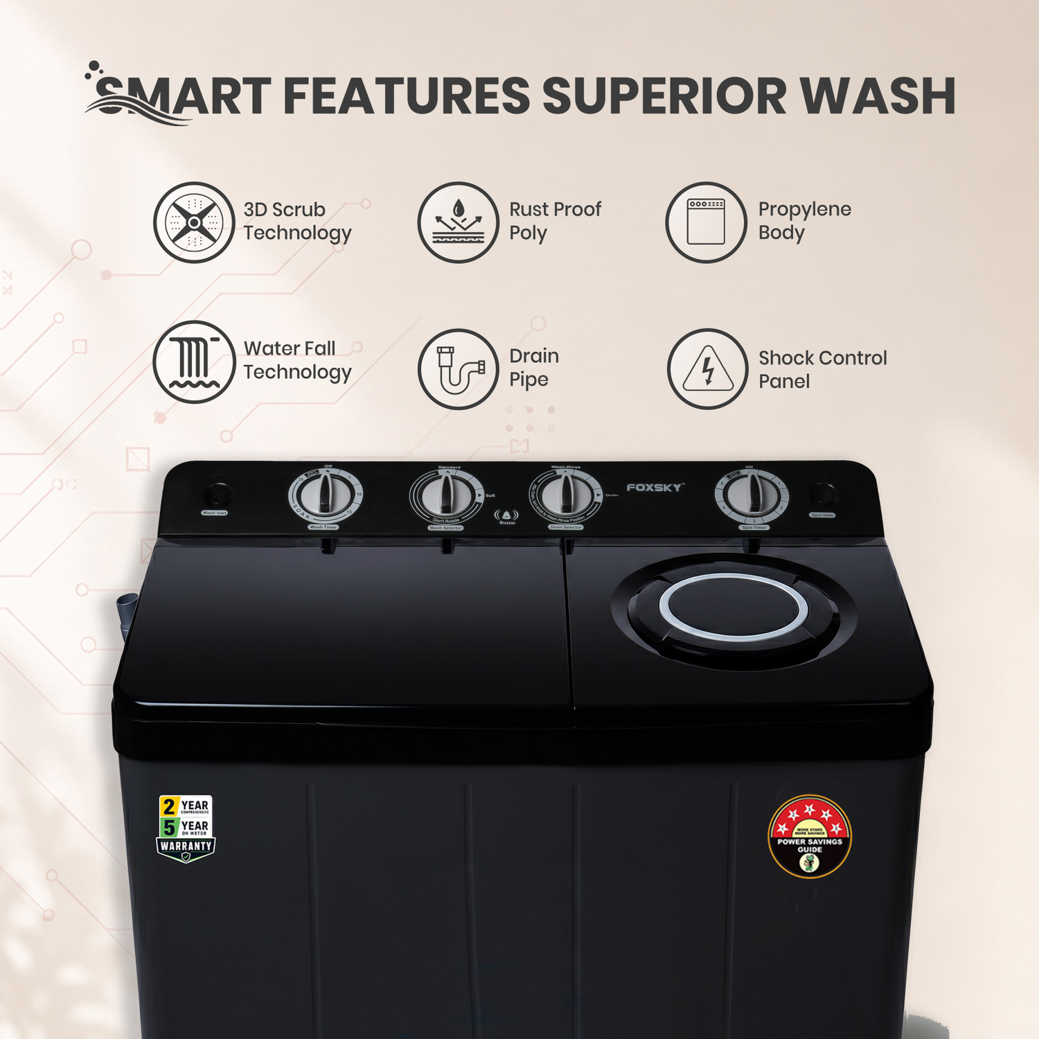 Image of FOXSKY 9.5 kg Semi Automatic Top Load Washing Machine Grey