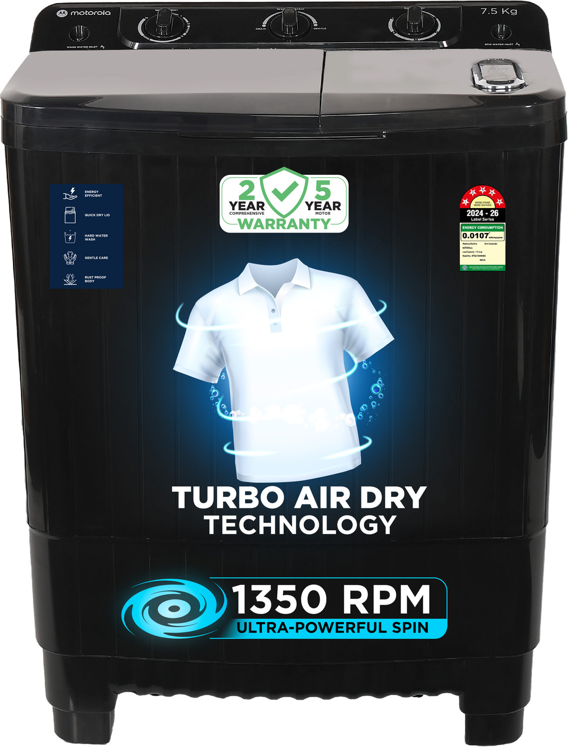 Image of MOTOROLA 7.5 kg Semi Automatic Top Load Washing Machine Black