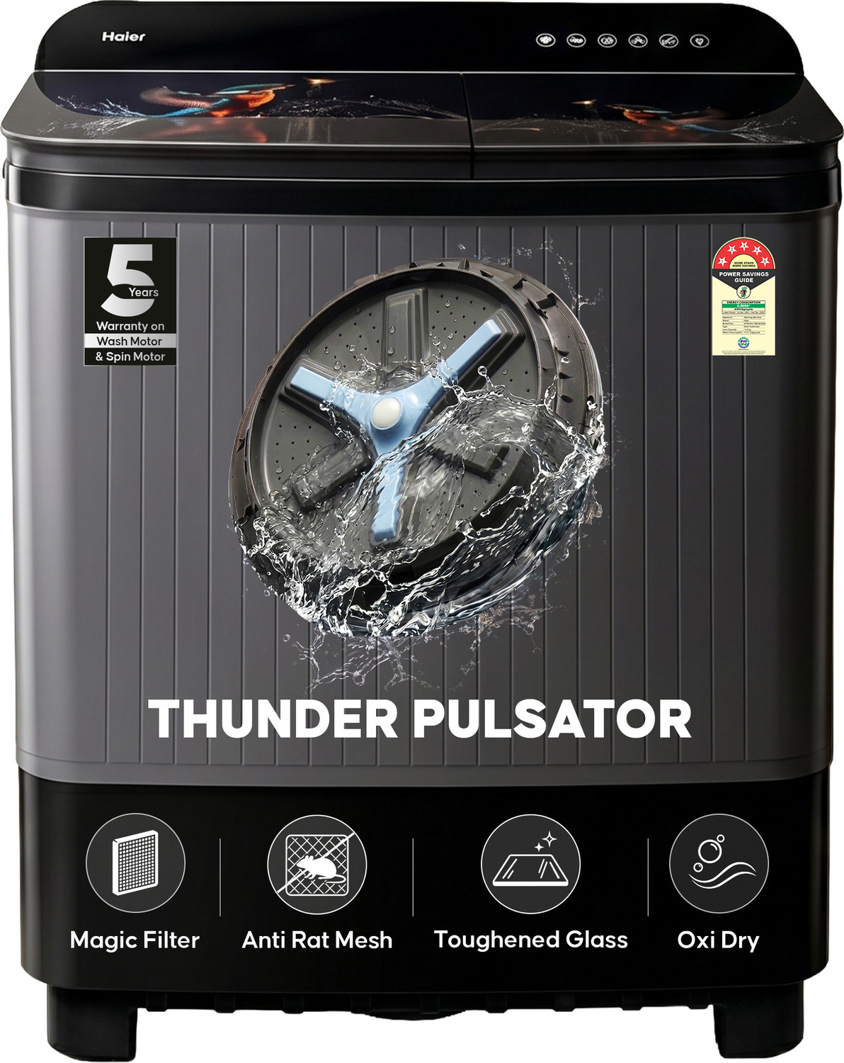 Image of Haier 11 kg Thunder Pulsator, Toughened Glass Lid, Oxyi Dry, Magic Filter & Castor Wheels Semi Automatic Top Load Washing Machine Black