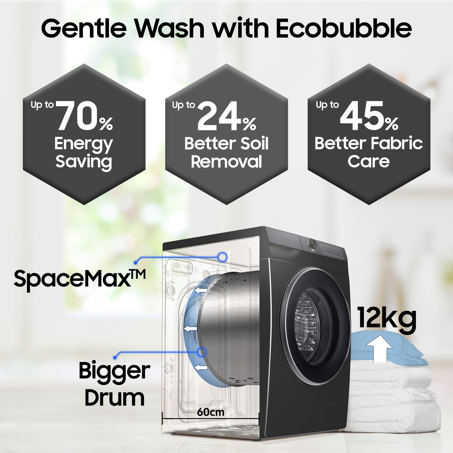 Image of Samsung 12 kg Fully Automatic Front Load Washing Machine with In-built Heater Black, Blue