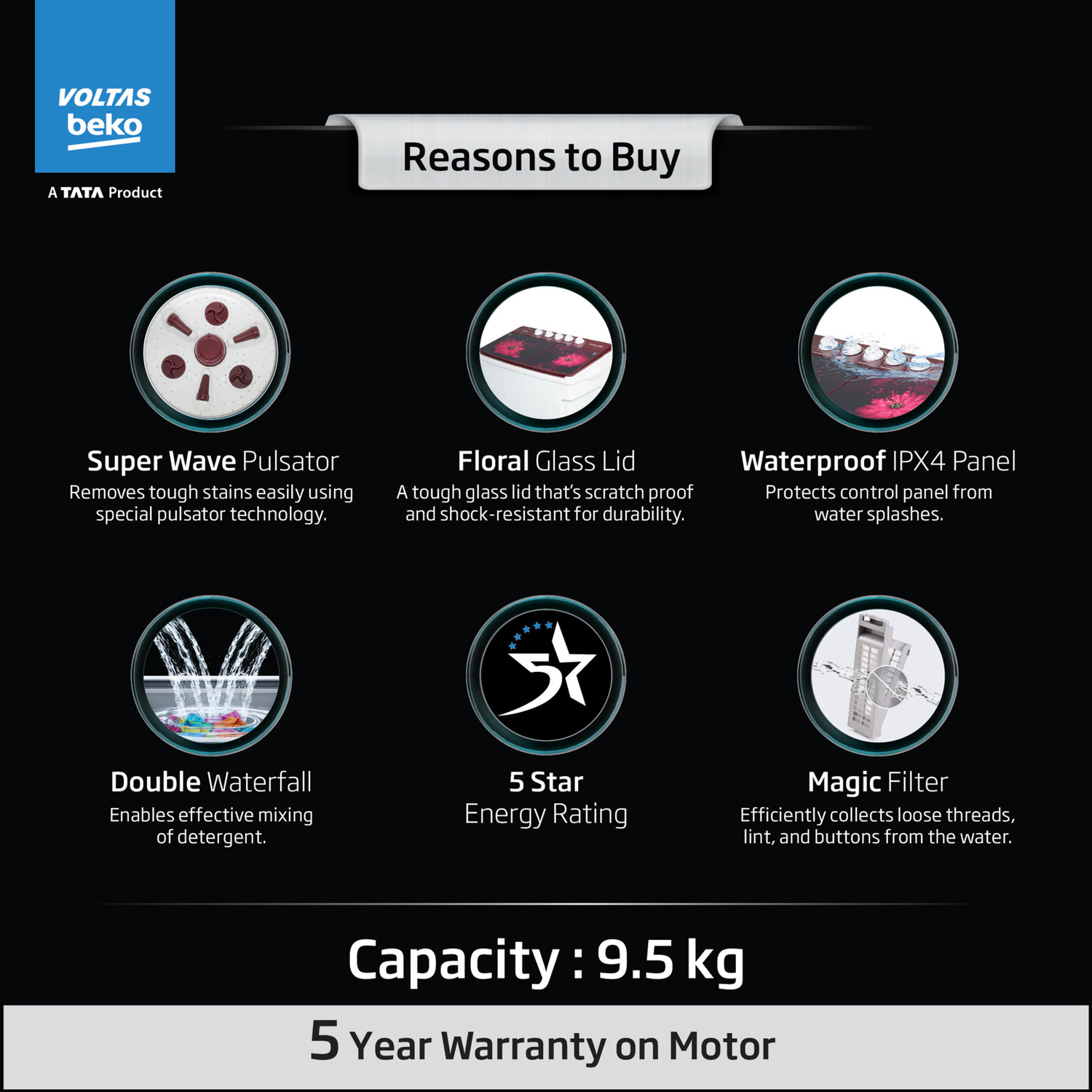Image of Voltas Beko by A Tata Product 9.5 kg 5 Star Semi Automatic Top Load Washing Machine Multicolor