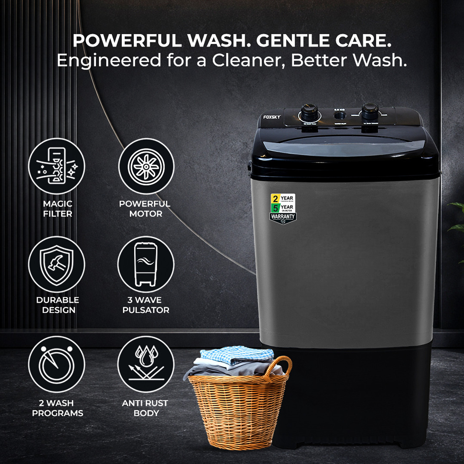 Image of FOXSKY 8.5 kg Semi Automatic Top Load Washing Machine Black