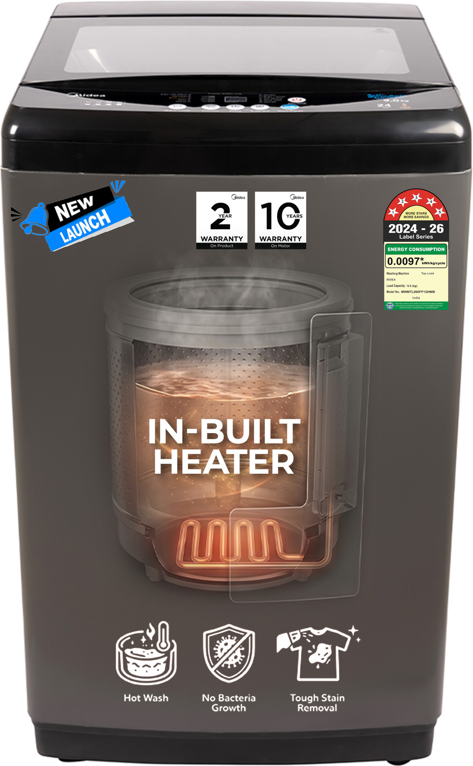 Image of Midea 9 kg Fully Automatic Top Load with In-built Heater Black (MWMTL090FP1GHMB)