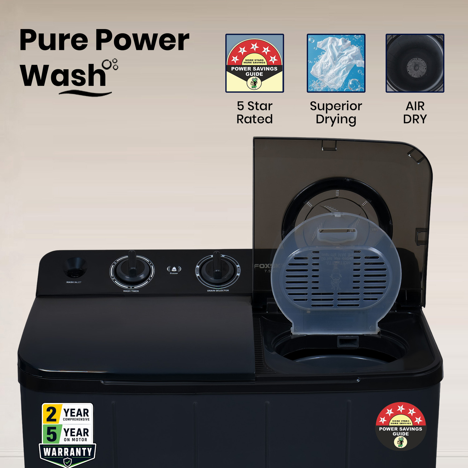 Image of FOXSKY 7.5 kg Semi Automatic Top Load Washing Machine Grey
