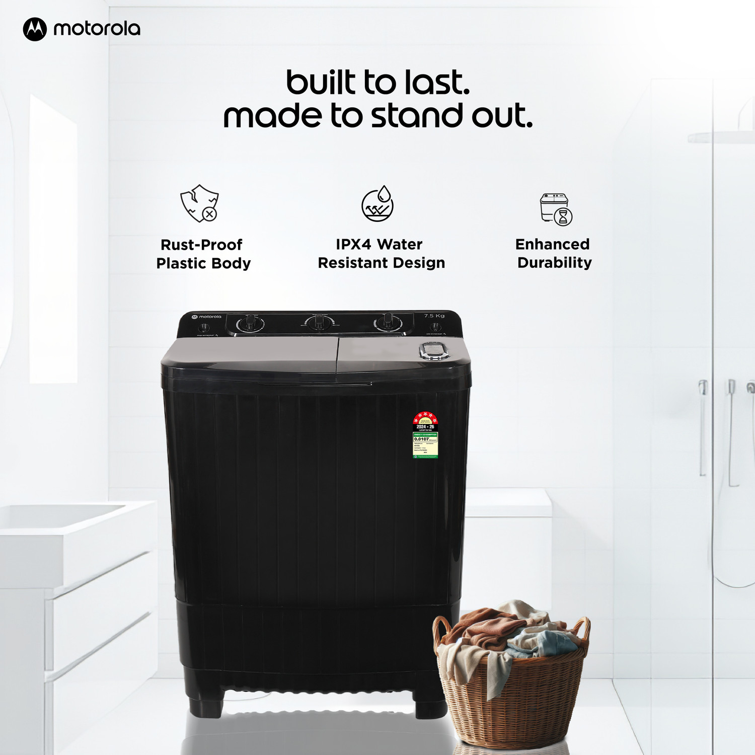 Image of MOTOROLA 7.5 kg Semi Automatic Top Load Washing Machine Black
