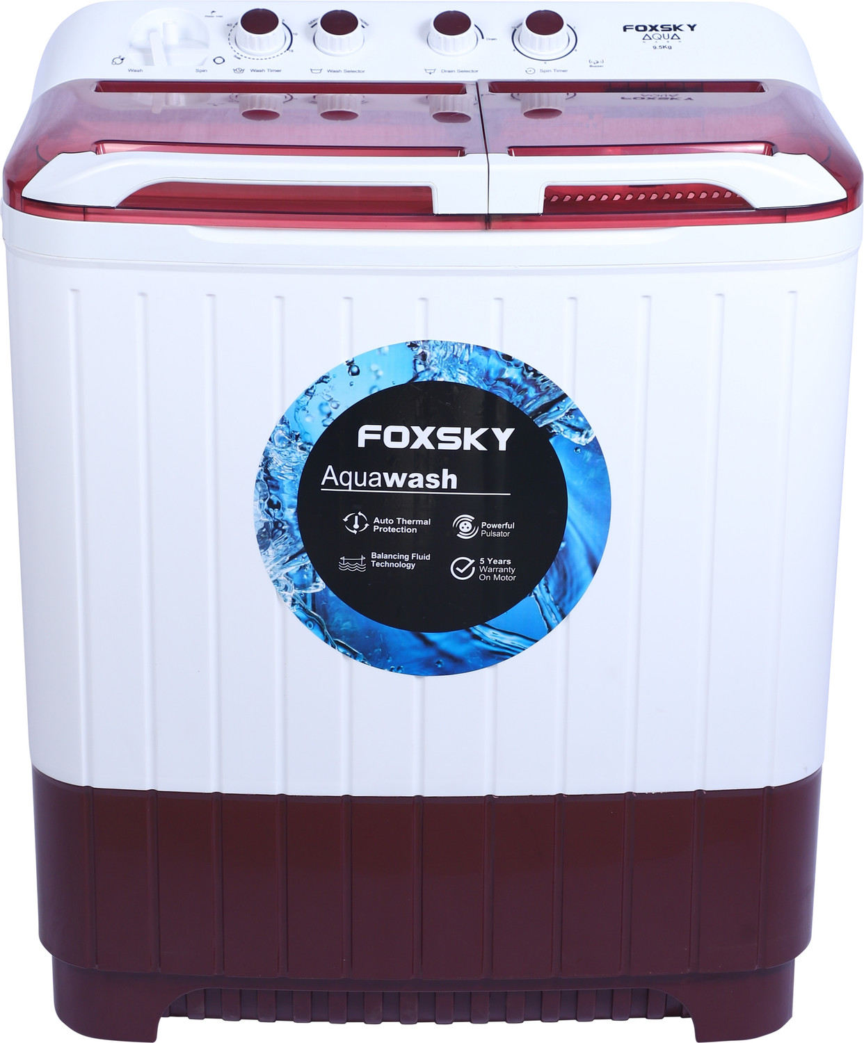 Image of FOXSKY 9.5 kg Semi Automatic Top Load Washing Machine Maroon, White