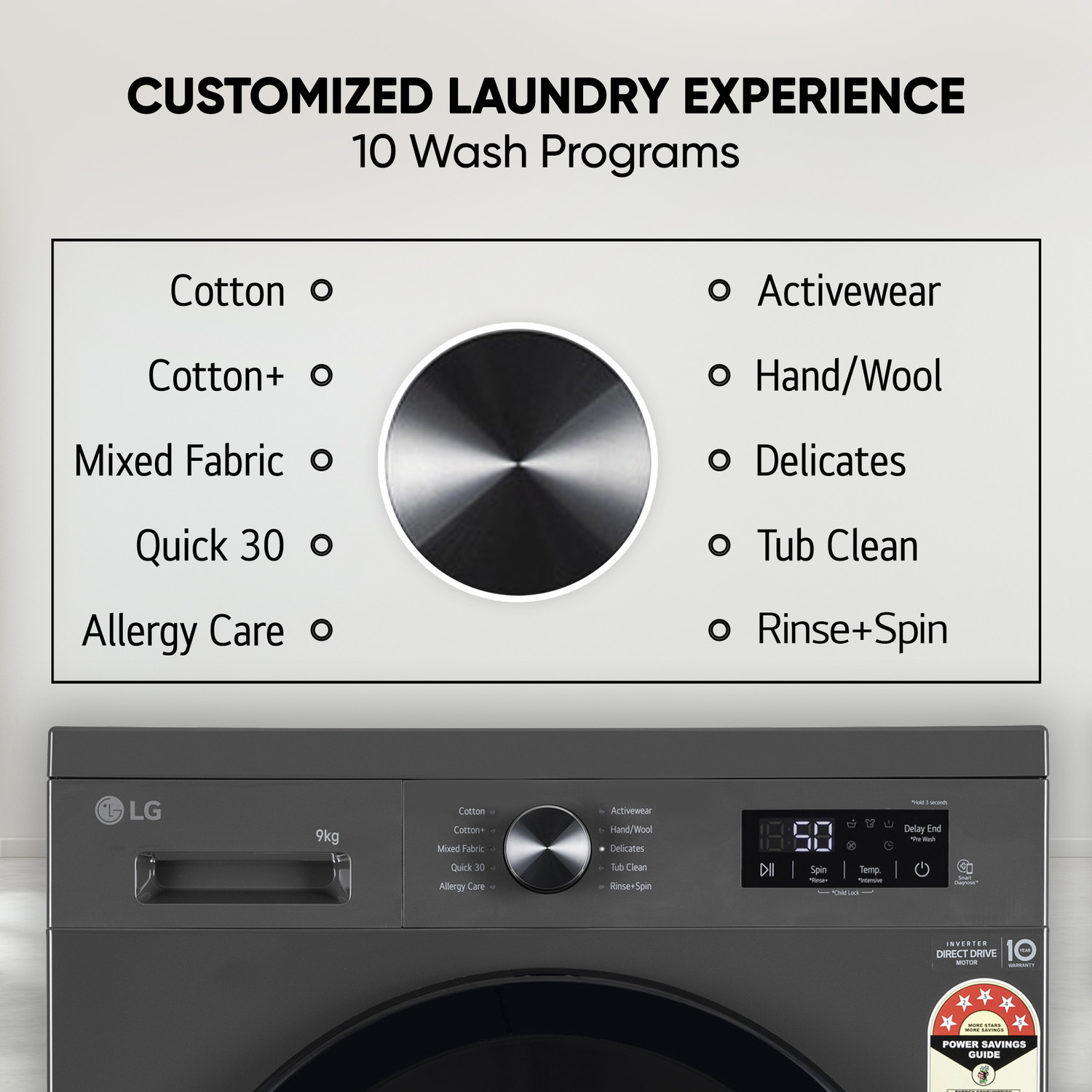 Image of LG 9 kg 5 Star, Inverter Direct Drive Technology, 6 Motion DD, Reduce germs & allergens with steam cycles, In-built Heater, Touch Panel Fully Automatic Front Load Washing Machine with In-built Heater Black, Grey