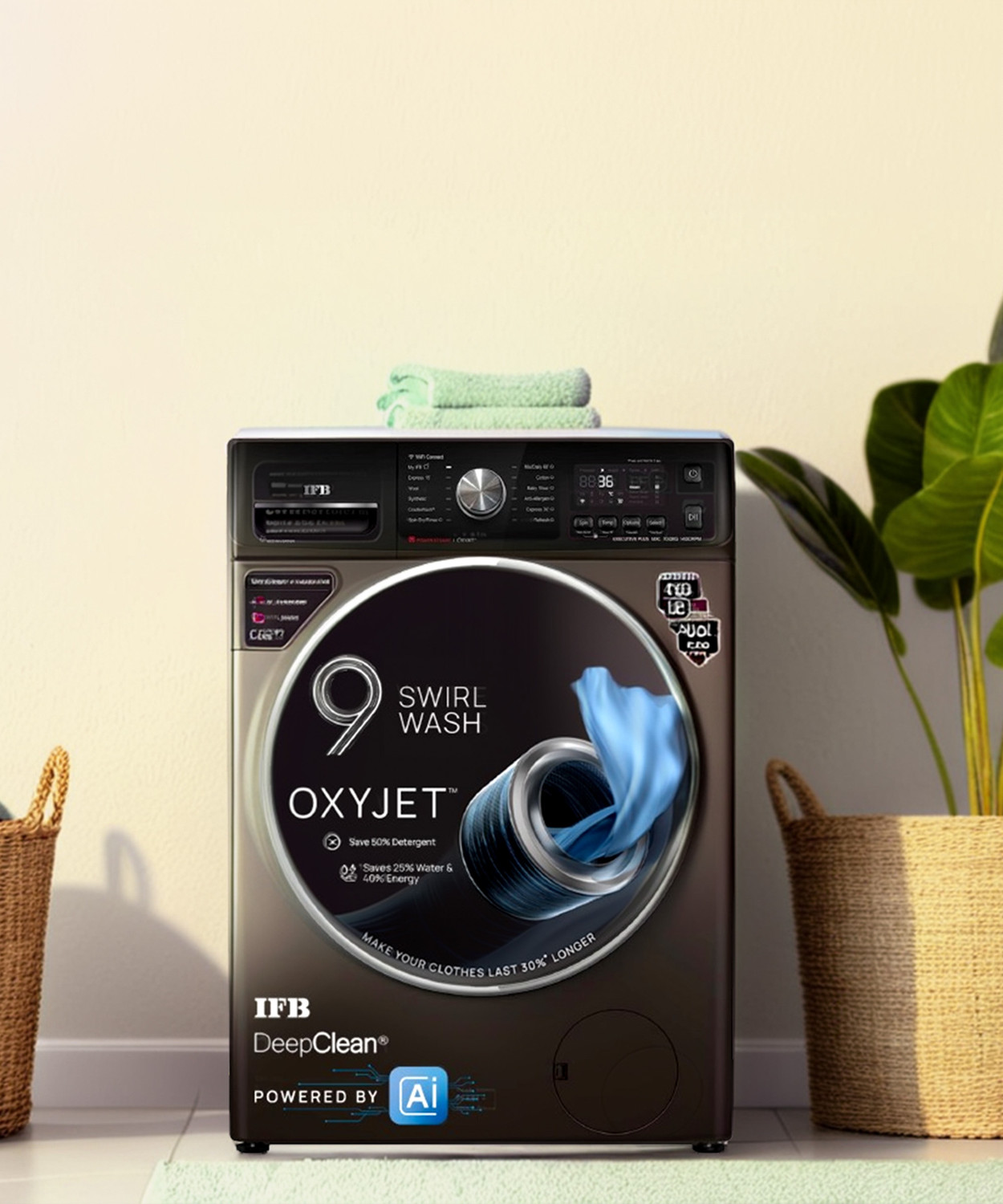 Image of IFB 10 kg with Steam 5 Star AI Powered Eco Inverter with Wi-Fi EnabledOxyjet 9 Swirl Wash, Fully Automatic Front Load Washing Machine with In-built Heater Brown