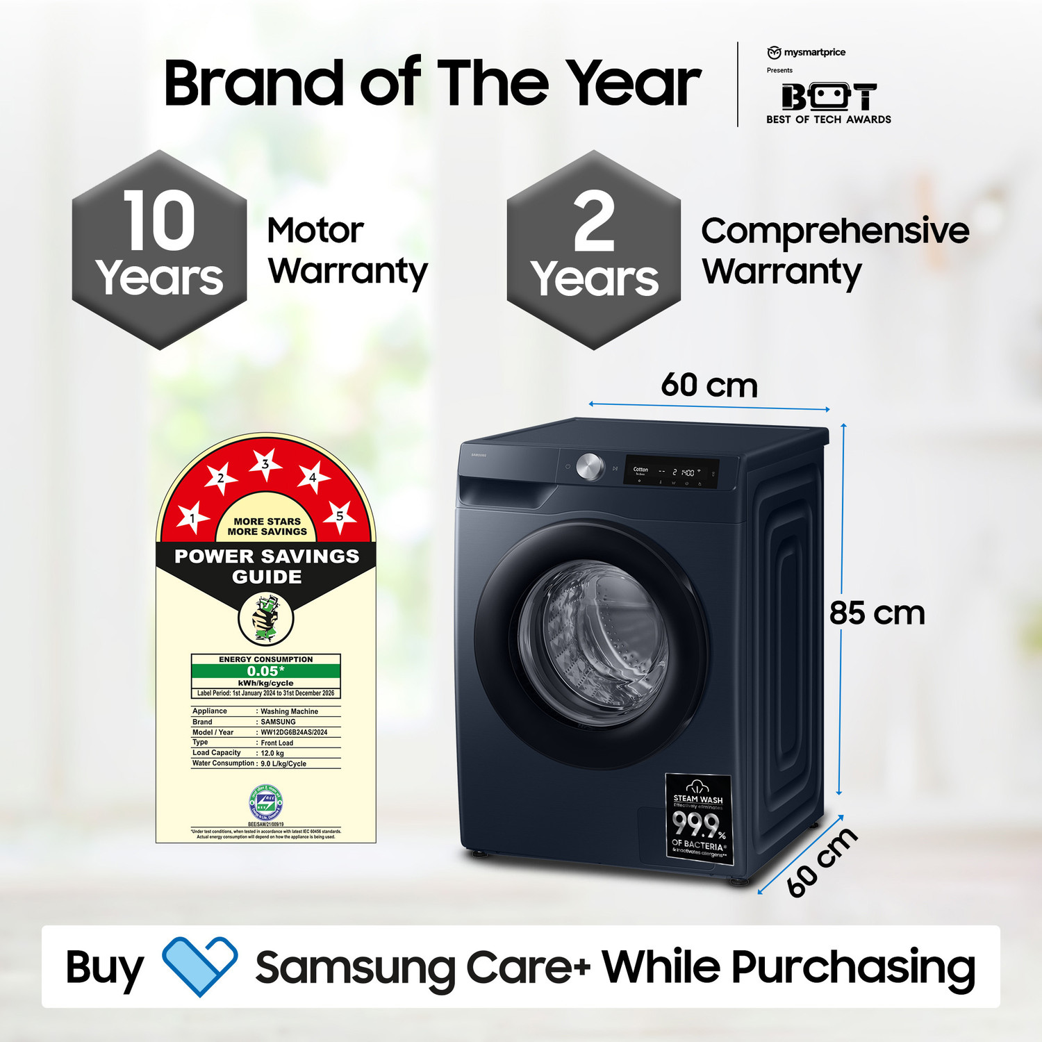 Image of Samsung 12 kg 5 Star, AI Control, AI Ecobubble, Super Speed, Wi-Fi, Hygiene Steam, Digital Inverter Motor Fully Automatic Front Load Washing Machine with In-built Heater Black, Blue