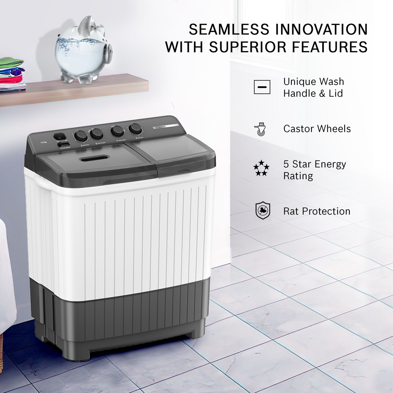 Image of BOSCH 8 kg 5 Star with Vario Pulsator, Stain Scrubber & 1360 High RPM Spin Motor Semi Automatic Top Load Washing Machine Grey, White