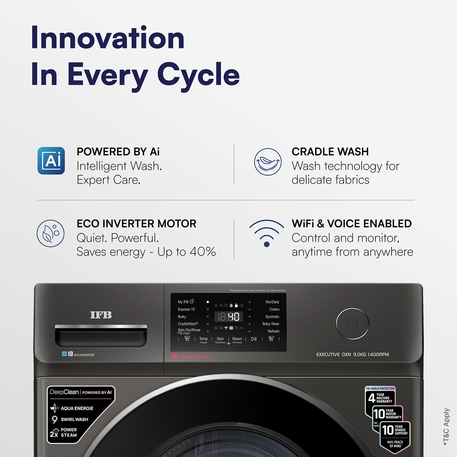 Image of IFB 9 kg with 9 Swirl Wash, 2x Power Steam, 30 Min Steam Refresh Program, Eco Inverter Motor, WiFi Enabled, DeepClean Powered by Ai Fully Automatic Front Load Washing Machine with In-built Heater Black