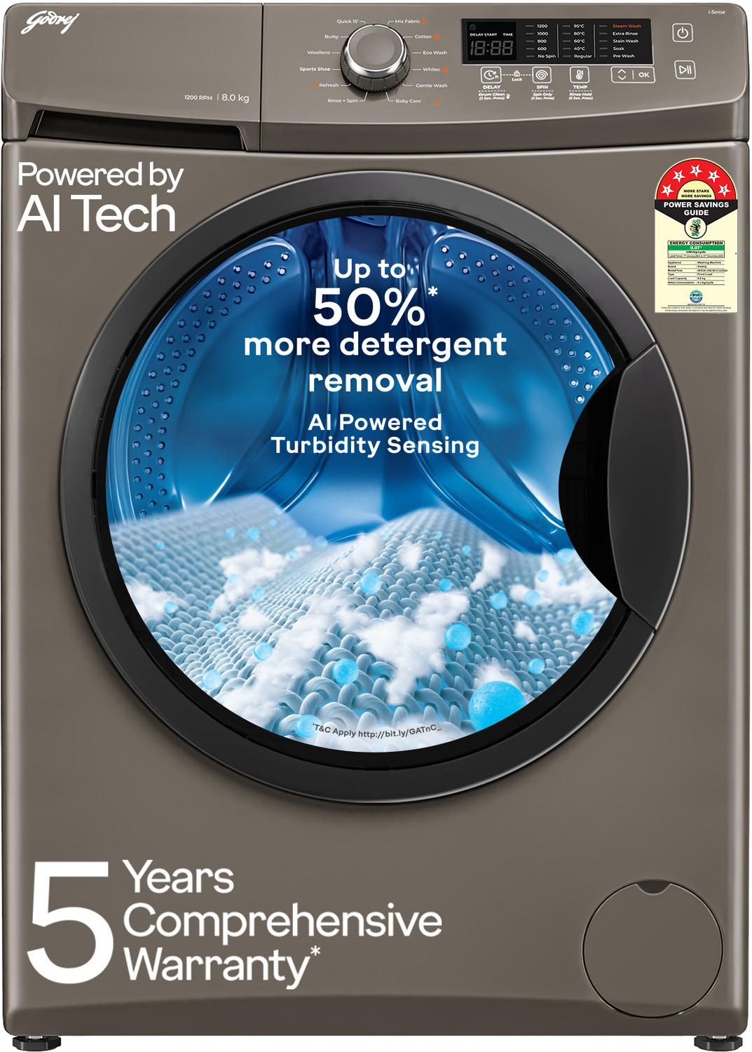 Image of Godrej 8 kg With AI Tech, Steam Wash, Fully Automatic Front Load Washing Machine Grey