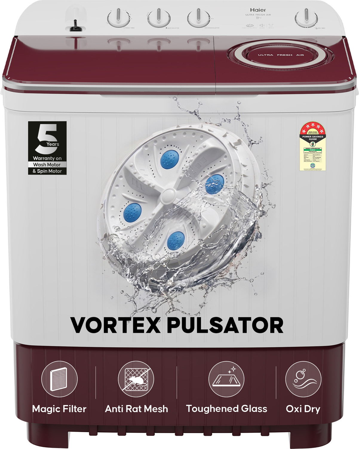 Image of Haier 11 kg Vortex Pulsator, Oxyi Dry, Magic Filter, Anti Rat Mesh & Castor Wheels Semi Automatic Top Load Washing Machine Maroon, White
