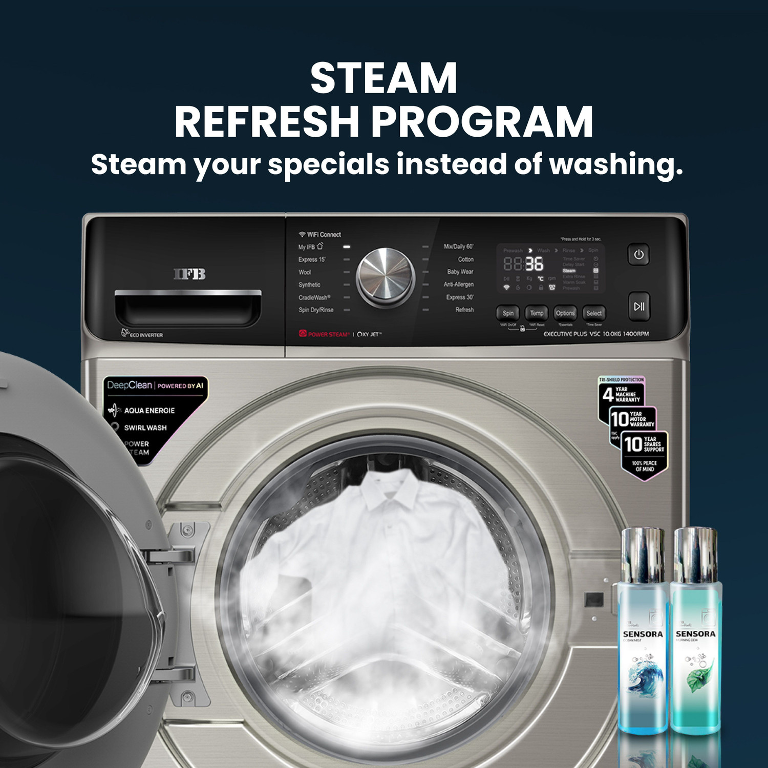Image of IFB 10 kg 5 Star with Steam Refresh program, 9 Swirl Wash, Eco Inverter, with AI Fully Automatic Front Load Washing Machine with In-built Heater Black, Silver