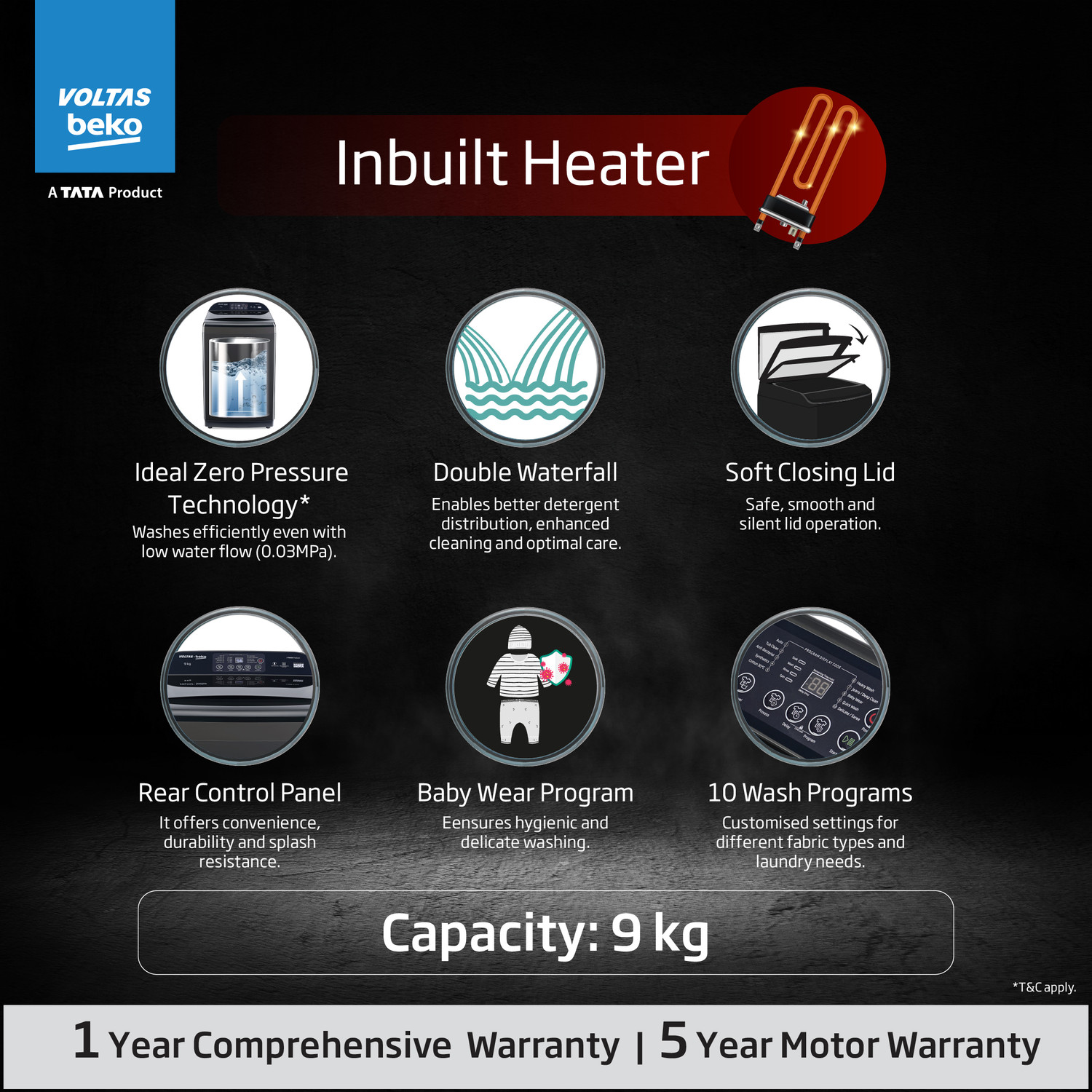 Image of Voltas Beko 9 kg Fully Automatic Top Load Washing Machine with In-built Heater Grey