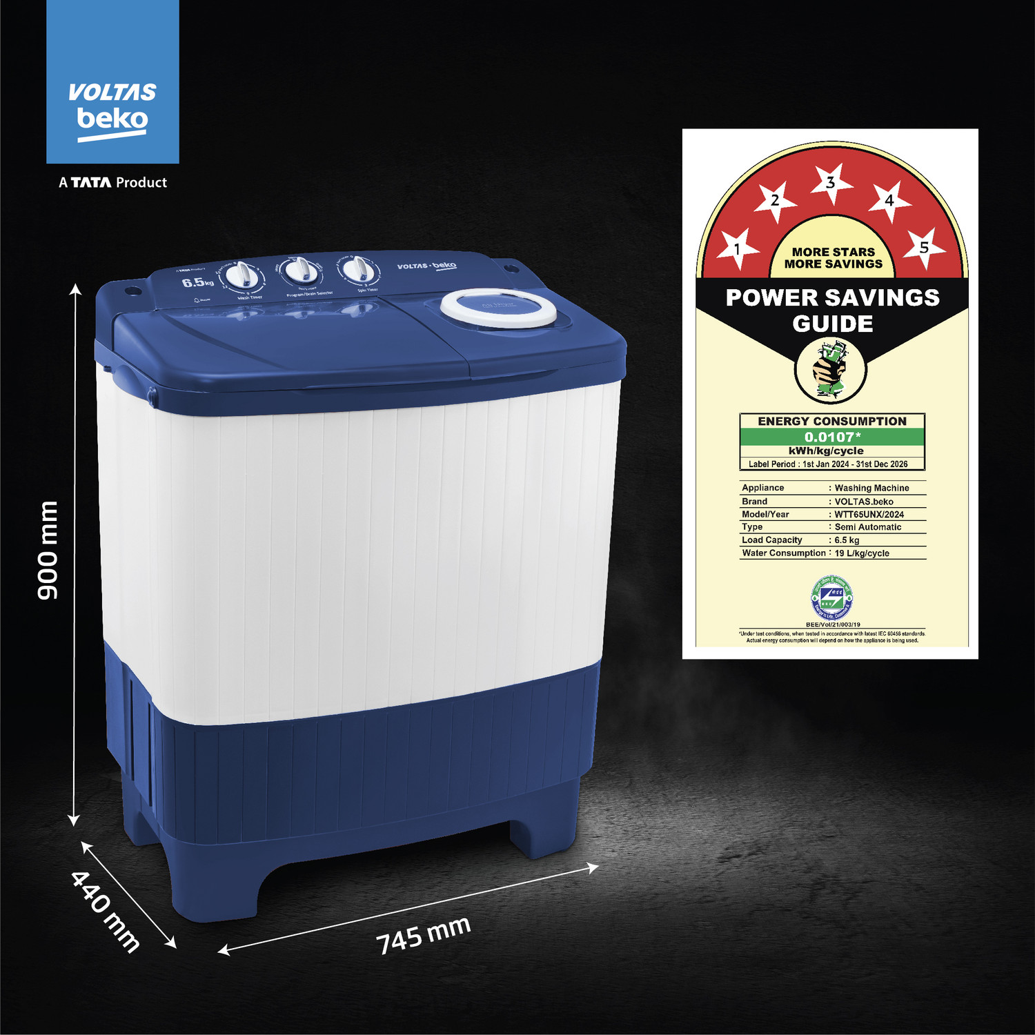 Image of Voltas Beko 6.5 kg Semi Automatic Top Load Washing Machine Blue