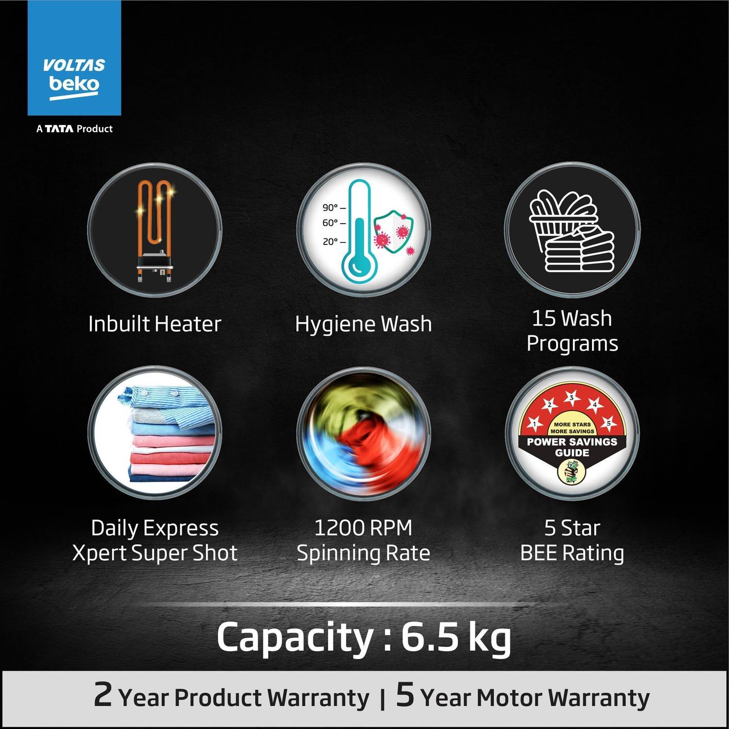 Voltas 6.5 kg 5 Star Front Load Washing Machine White - Image 2