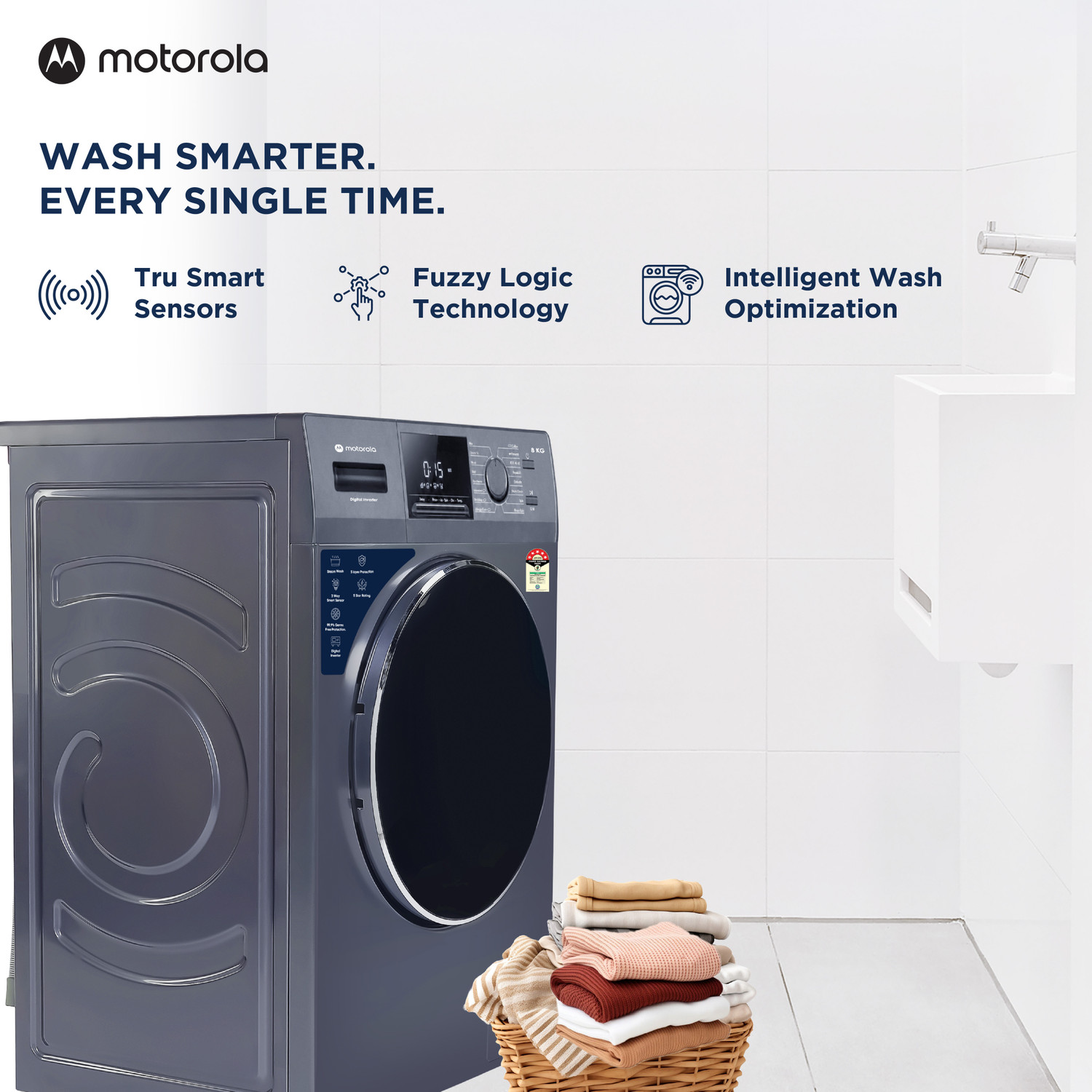 Image of MOTOROLA 8 kg Fully Automatic Front Load Washing Machine with In-built Heater Blue