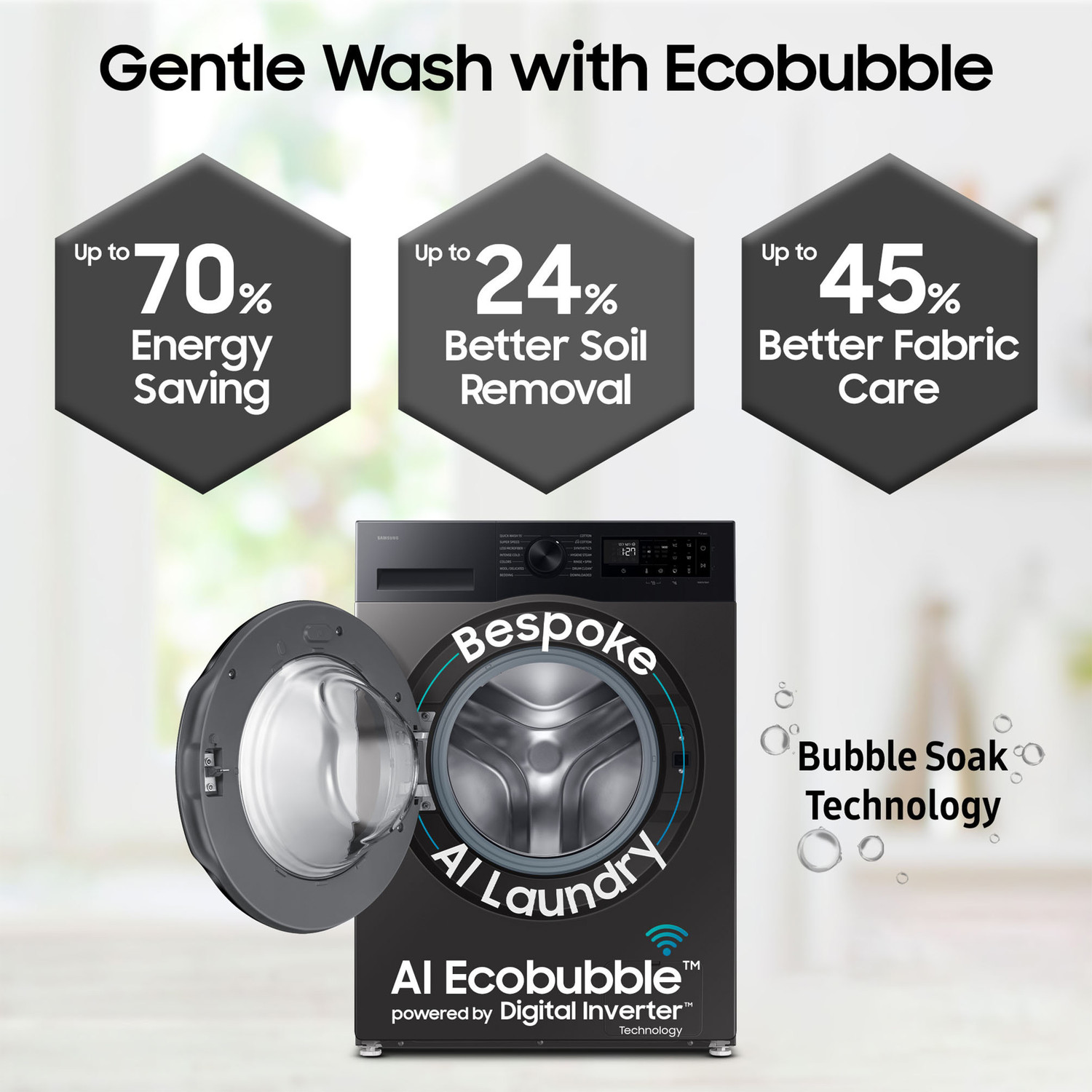 Image of Samsung 12 kg 5 Star, AI Ecobubble, Super Speed, Wi-Fi, Hygiene Steam, Digital Inverter Motor Fully Automatic Front Load Washing Machine with In-built Heater Black, Grey