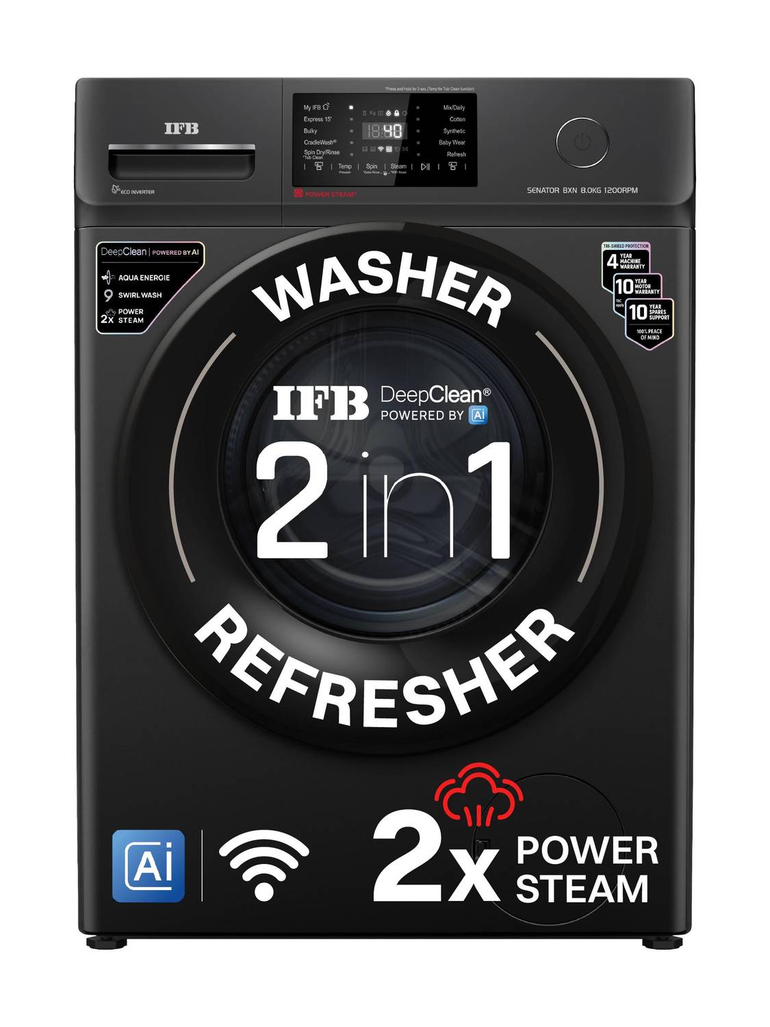 IFB 8 kg with 9 Swirl Wash, 2x Power Steam, 30 Min Steam Refresh Program, Eco Inverter Motor, WiFi Enabled, DeepClean Powered by Ai Fully Automatic Front Load with In-built Heater Black (SENATOR BXN 8012/SENATOR BXN 8012 CMS)